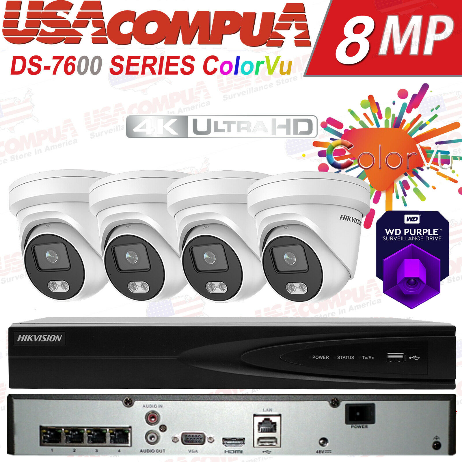 HIKVISION SECURITY SYSTEM 4CH POE / HDD INCLUDE 4 MEGAPIXEL ColorVu H,265+