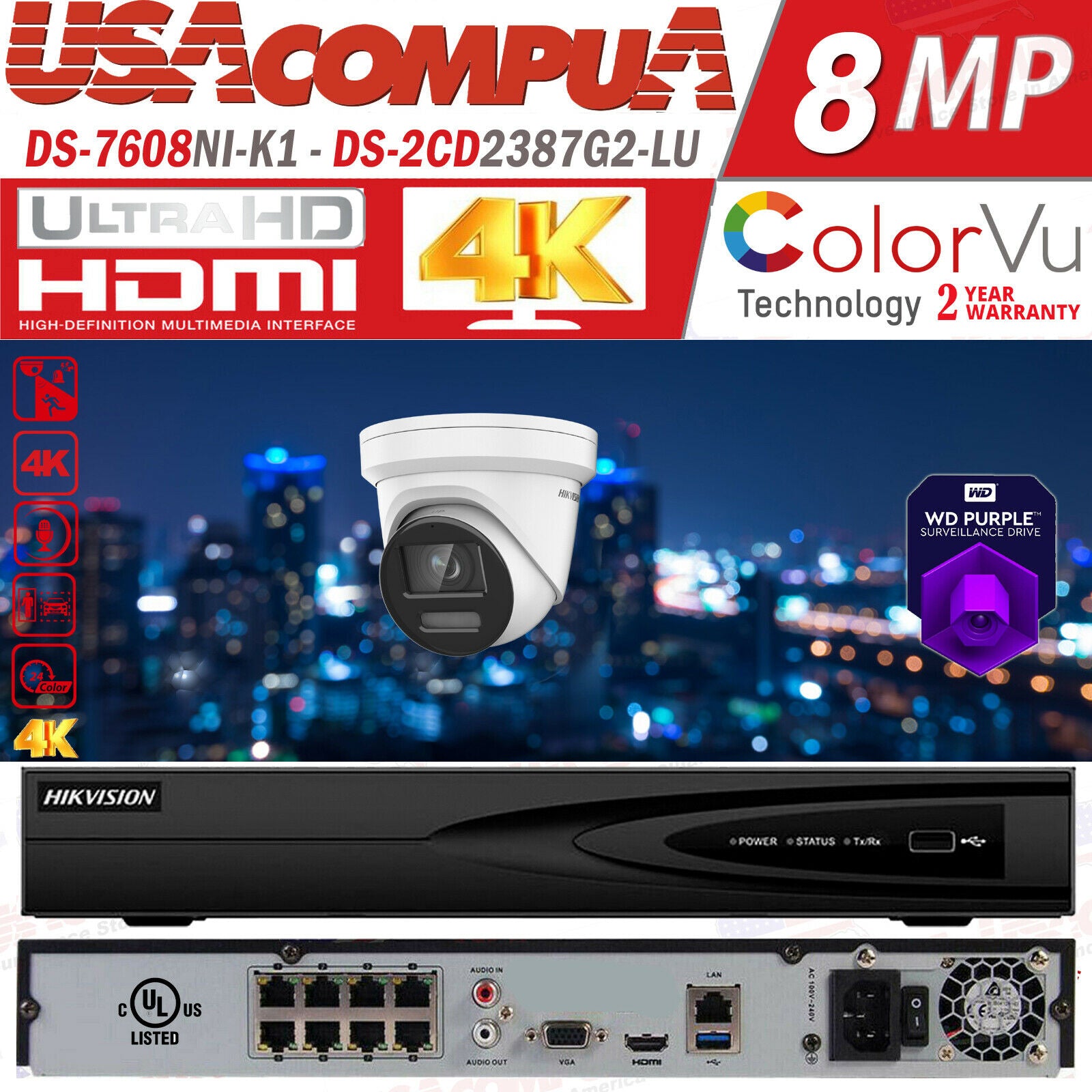 Hikvision 4K 8CH Security Camera System POE CCTV 8 MEGAPIXEL ColorVu W/Audio G2