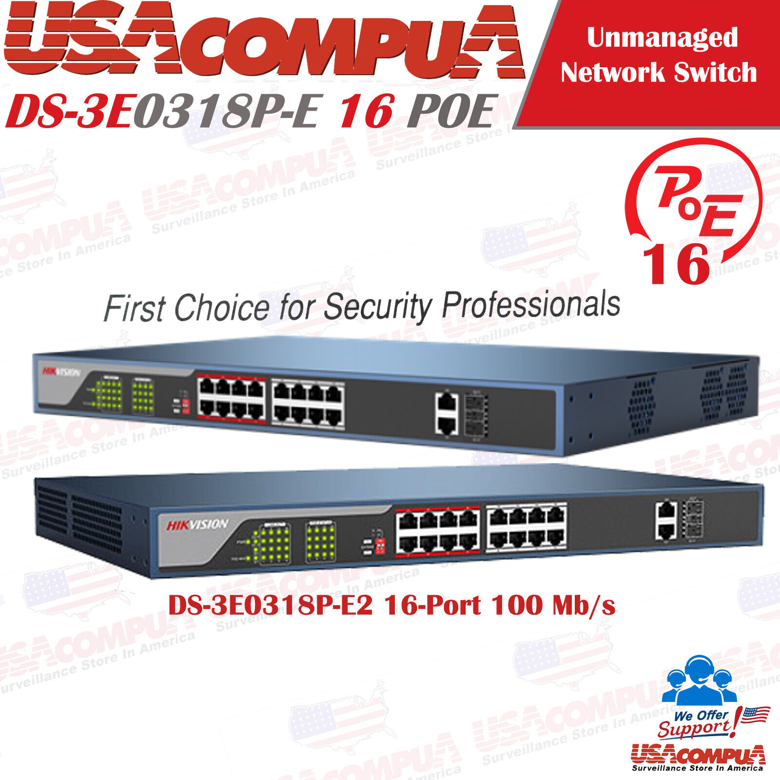 Hikvision DS-3E0318P-E2 Unmanaged Ethernet 16 PoE Switch 100Mbps Network Access