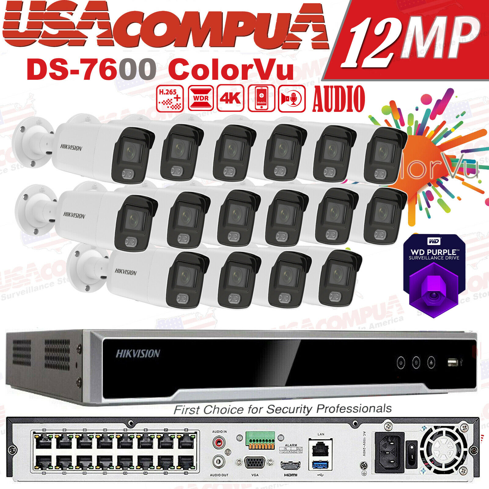 Hikvision 4K 12mp 16CH Security Camera System Bullet 4MP ColorVu W/AUDIO Lot