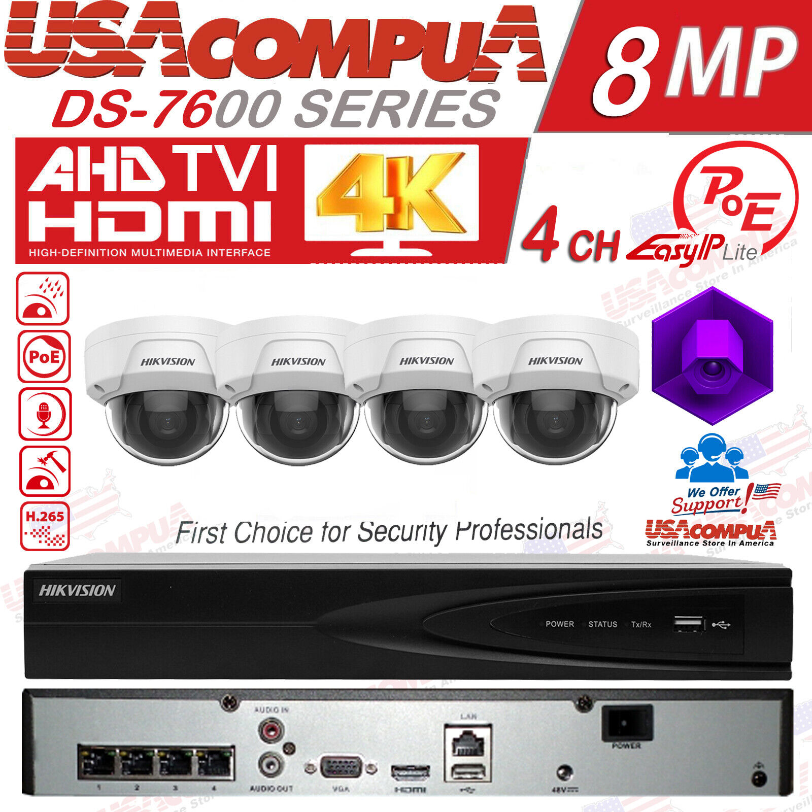 Hikvision ECI-D14F2 NVR 4K 4CH Security System W/ 4MP Vandal Proof Camera Lot