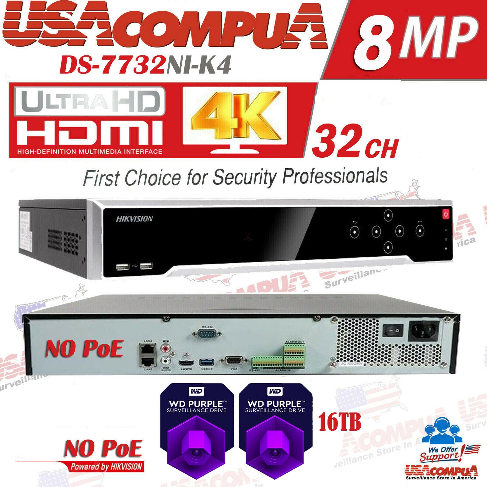 Hikvision 32 Channel 32CH 4K 8MP NVR (NO POE) DS-7732NI-K4 (Hard Drive Optional)