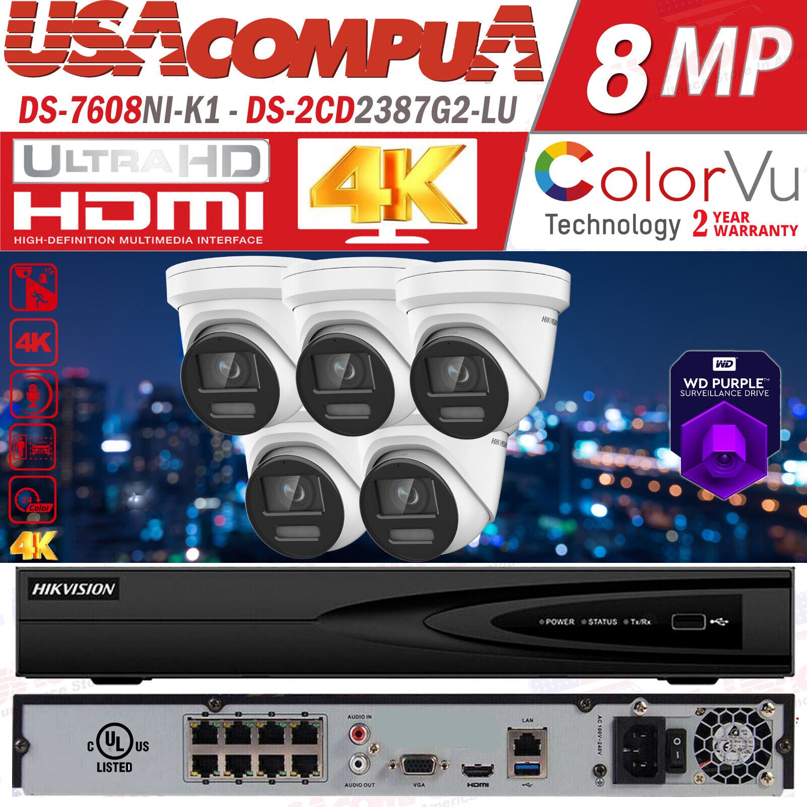 Hikvision 4K 8CH Security Camera System POE CCTV 8 MEGAPIXEL ColorVu W/Audio G2