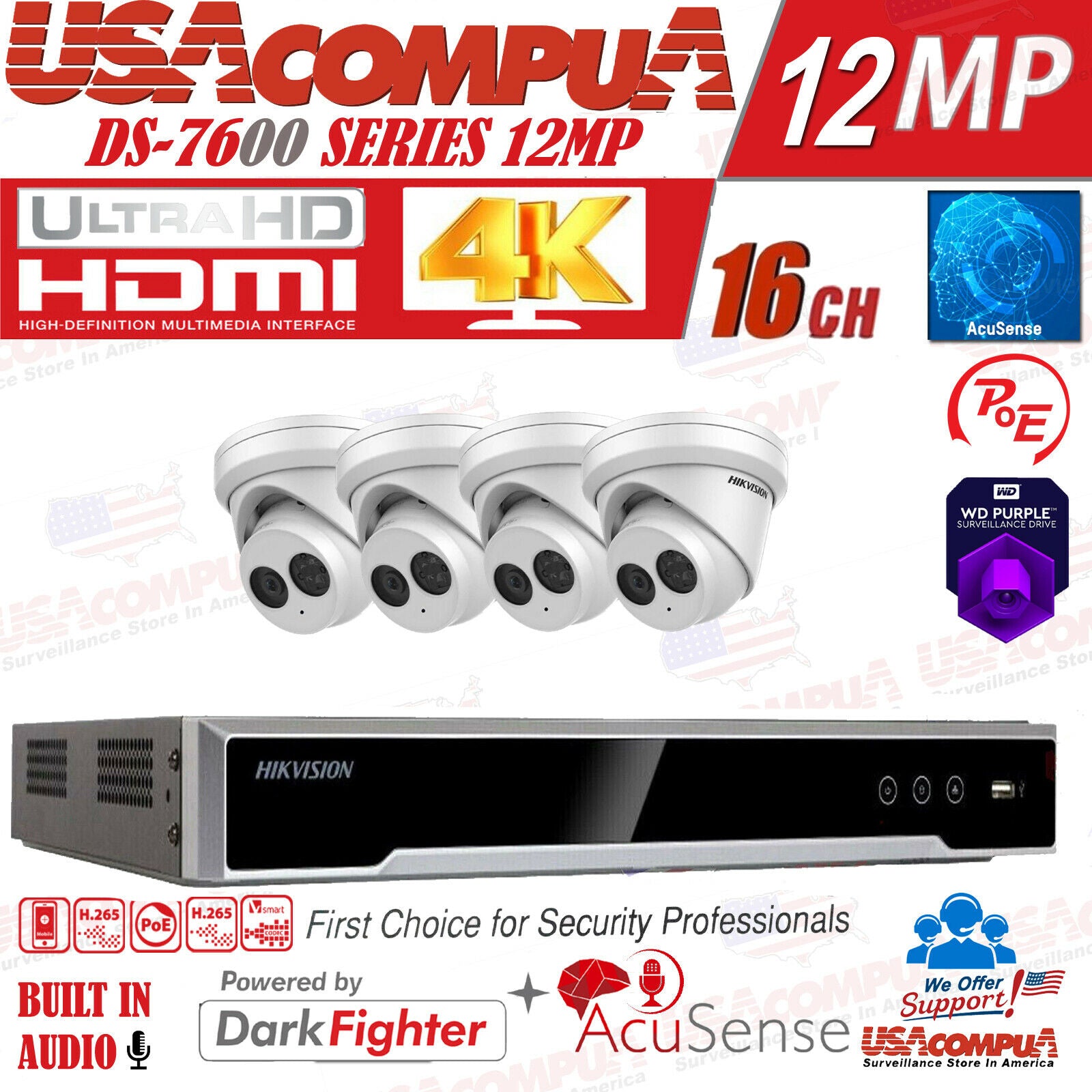 Hikvision Acusense 4K 16ch PoE CCTV System 8MP Mic IP Camera DS-2CD2383G2-IU Lot