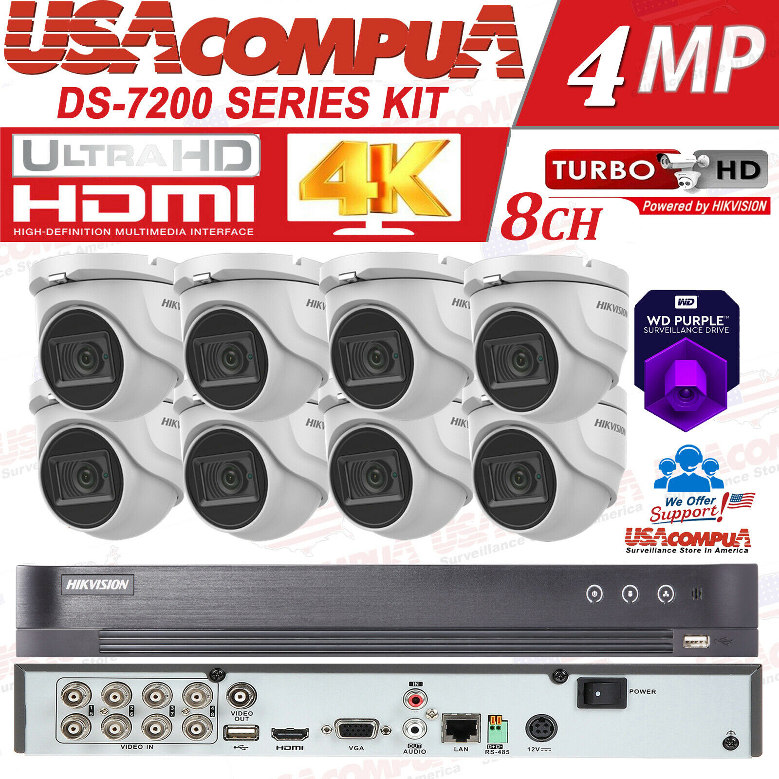 HIKVISION Security Camera System CCTV Kit 2MP 8CH Turbo HD DOME 1080P W/HDD