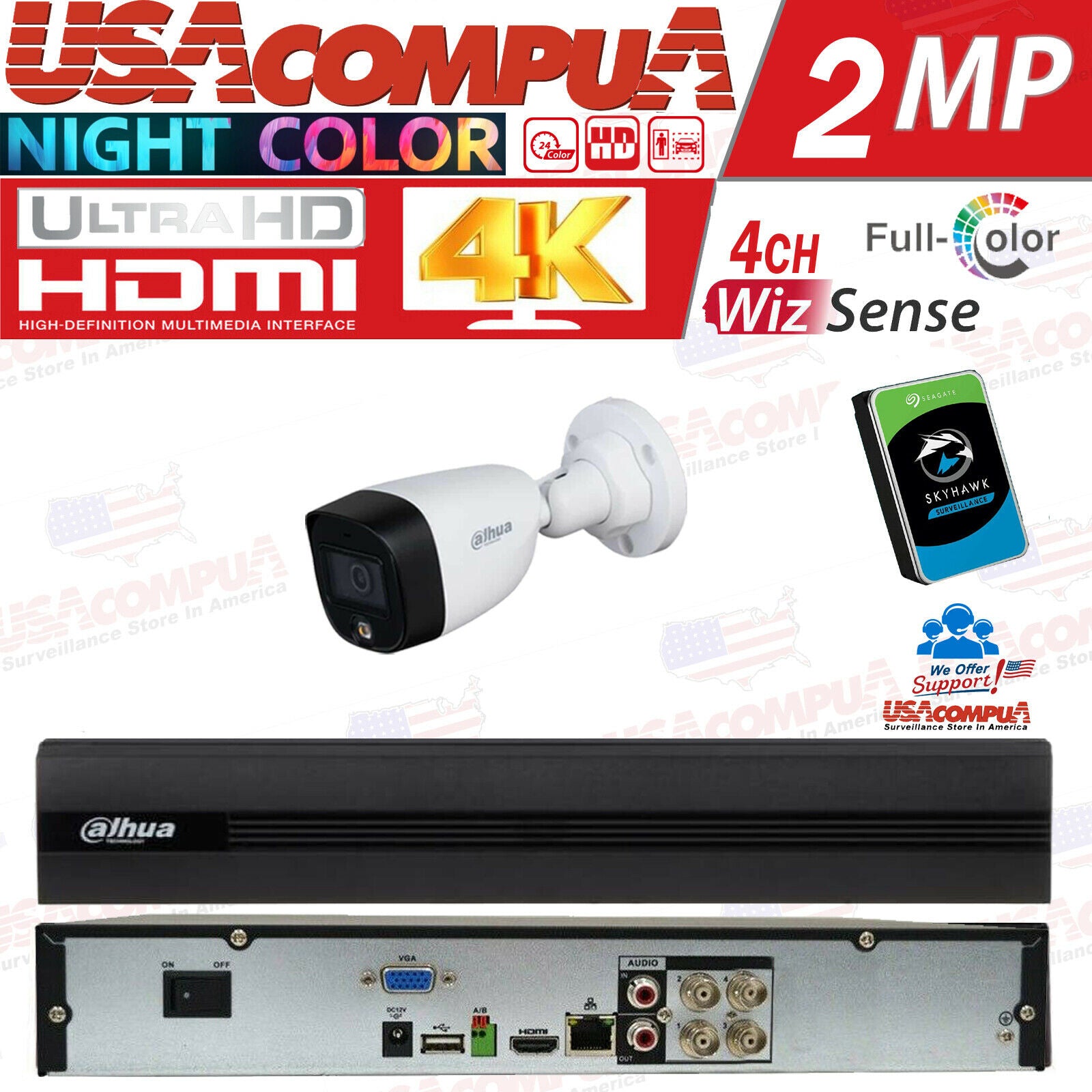 Dahua Security Camera System HD Kit 4CH Turbo 2MP Bullet Full Color (W /HDD )
