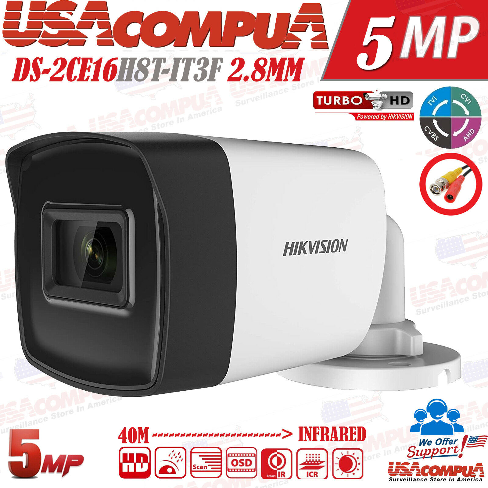 HIKVISION 5MP BULLET DS-2CE16H8T-IT3F OUTDOOR IR 2.8MM,40M EXIR 2.0 NEW 2020