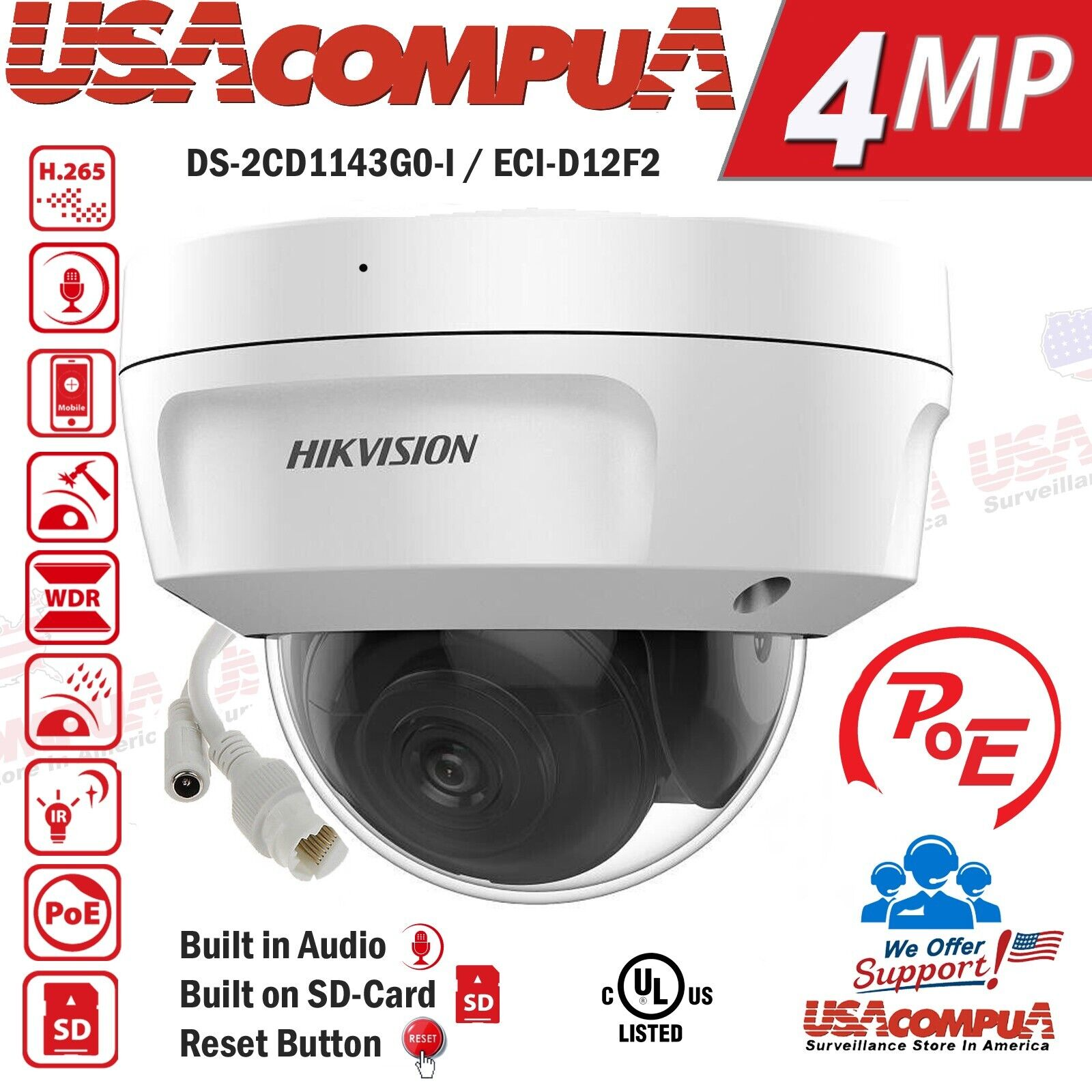 ECI-D14F2 Hikvision 4MP POE IP Network Camera 2.8MM Dome H265+ W/Audio / SD-Card