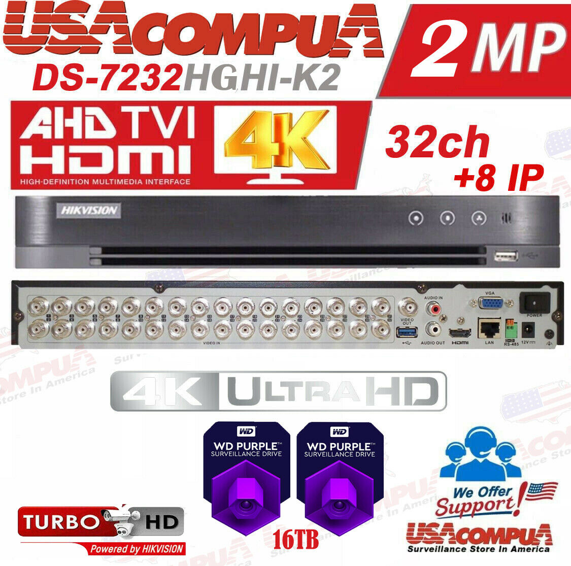 Hikvision 32 CH DVR DS-7232HGHI-K2 7200 Series TurboHD Tribrid (OPTIONAL HDD)