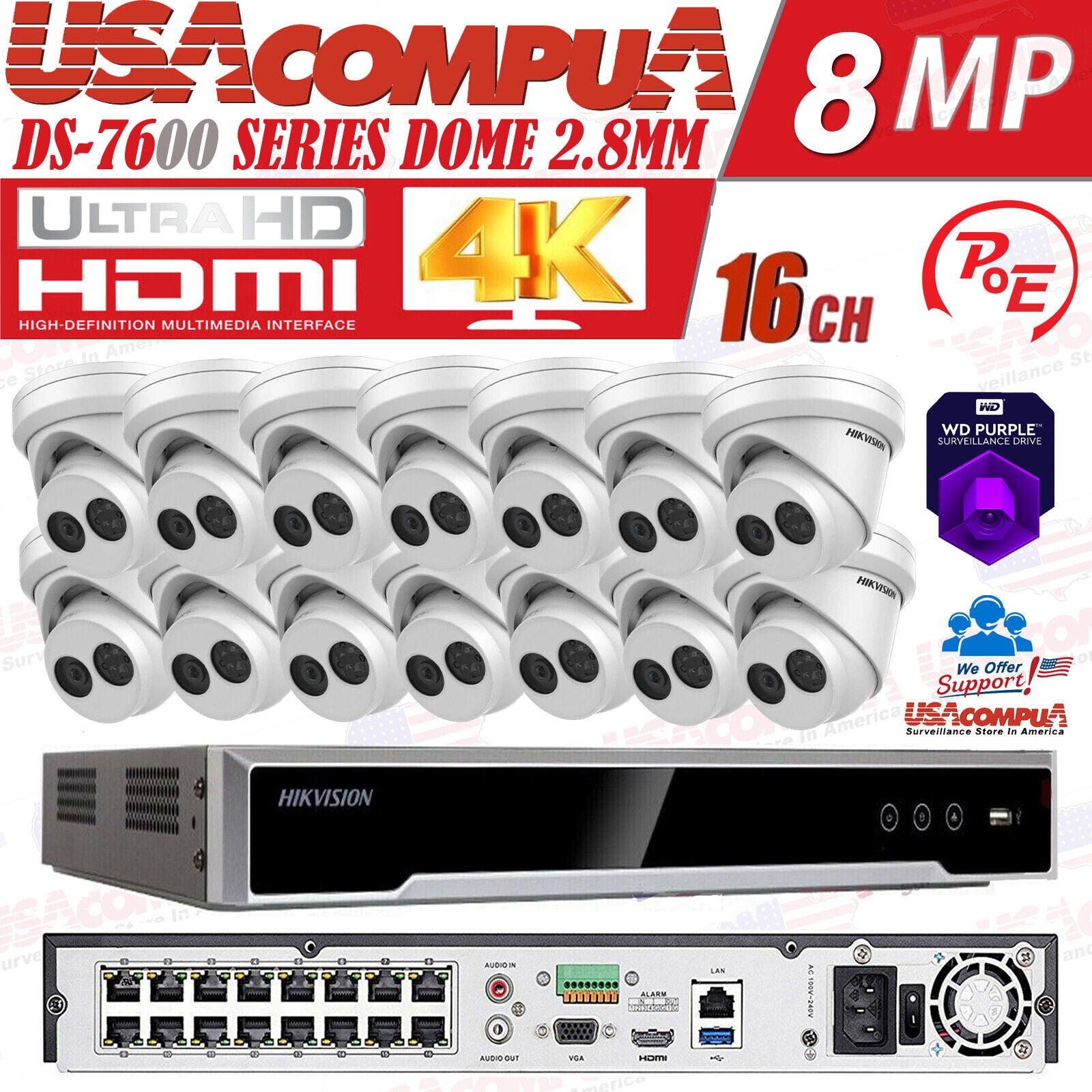 DS-2CD2383G0-IU & DS-7616NI-Q2 Hikvision 16CH 16POE NVR 4MP Turret Mic IP Camera