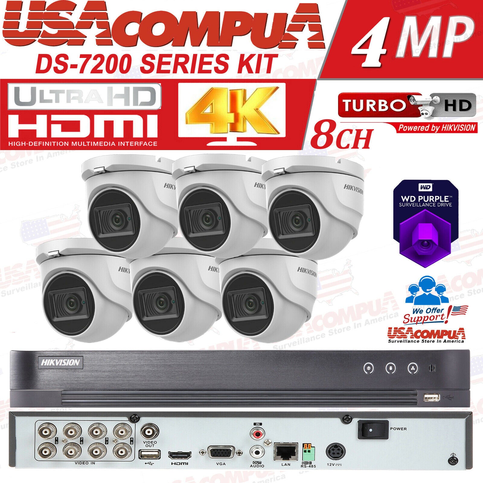 HIKVISION Security Camera System CCTV Kit 2MP 8CH Turbo HD DOME 1080P W/HDD