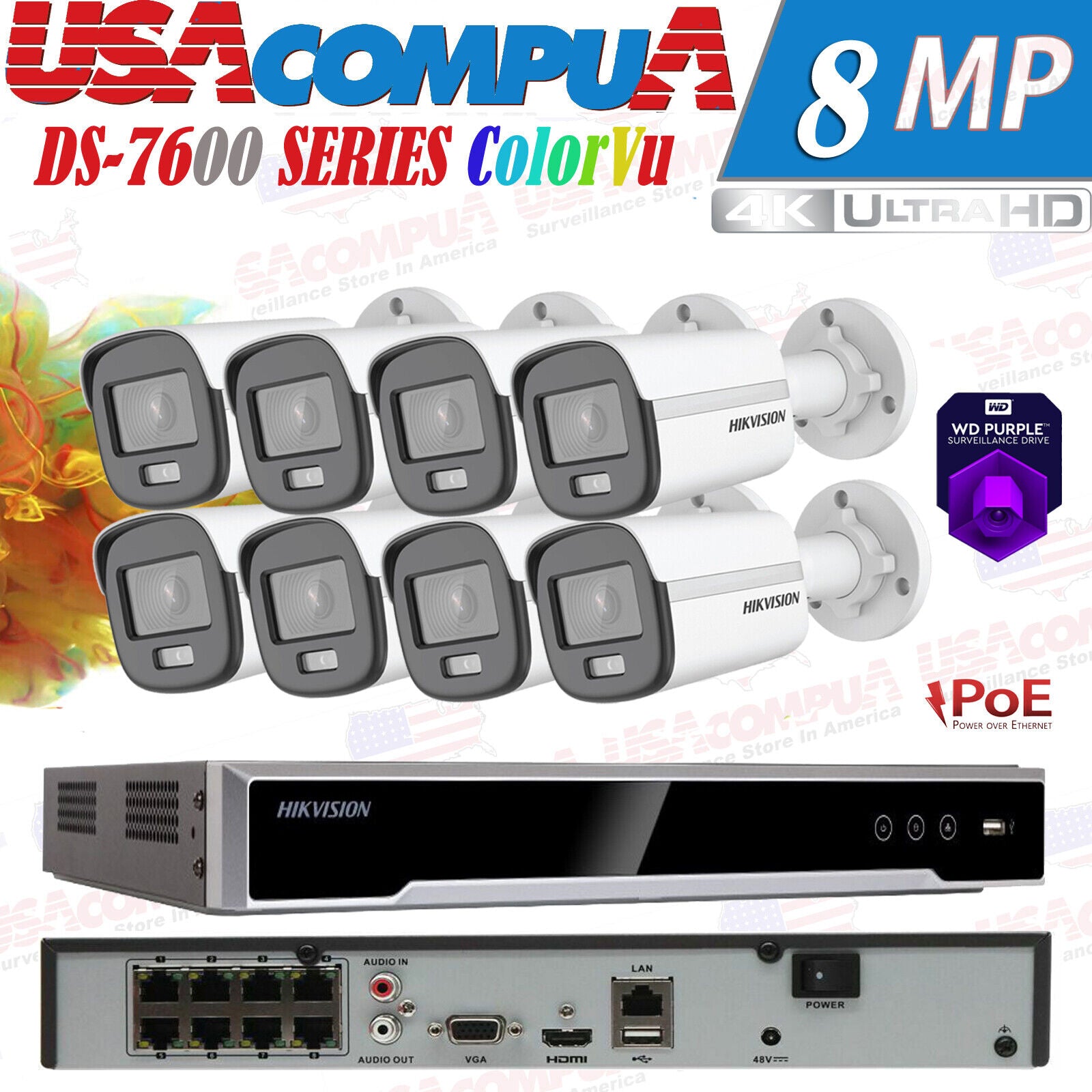 HIKVISION SECURITY SYSTEM DS-2CD1027G0-L 8CH POE / HDD 2 MP ColorVu H,265+