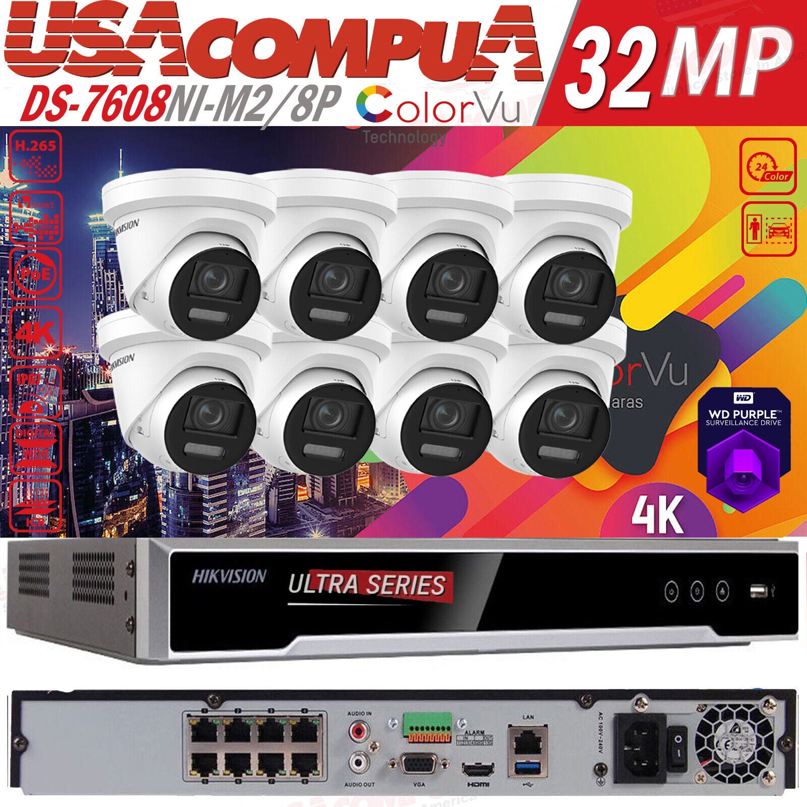 Hikvision 32MP 8CH NVR 8K Security Camera System W/Turret ColorVu Built In Audio