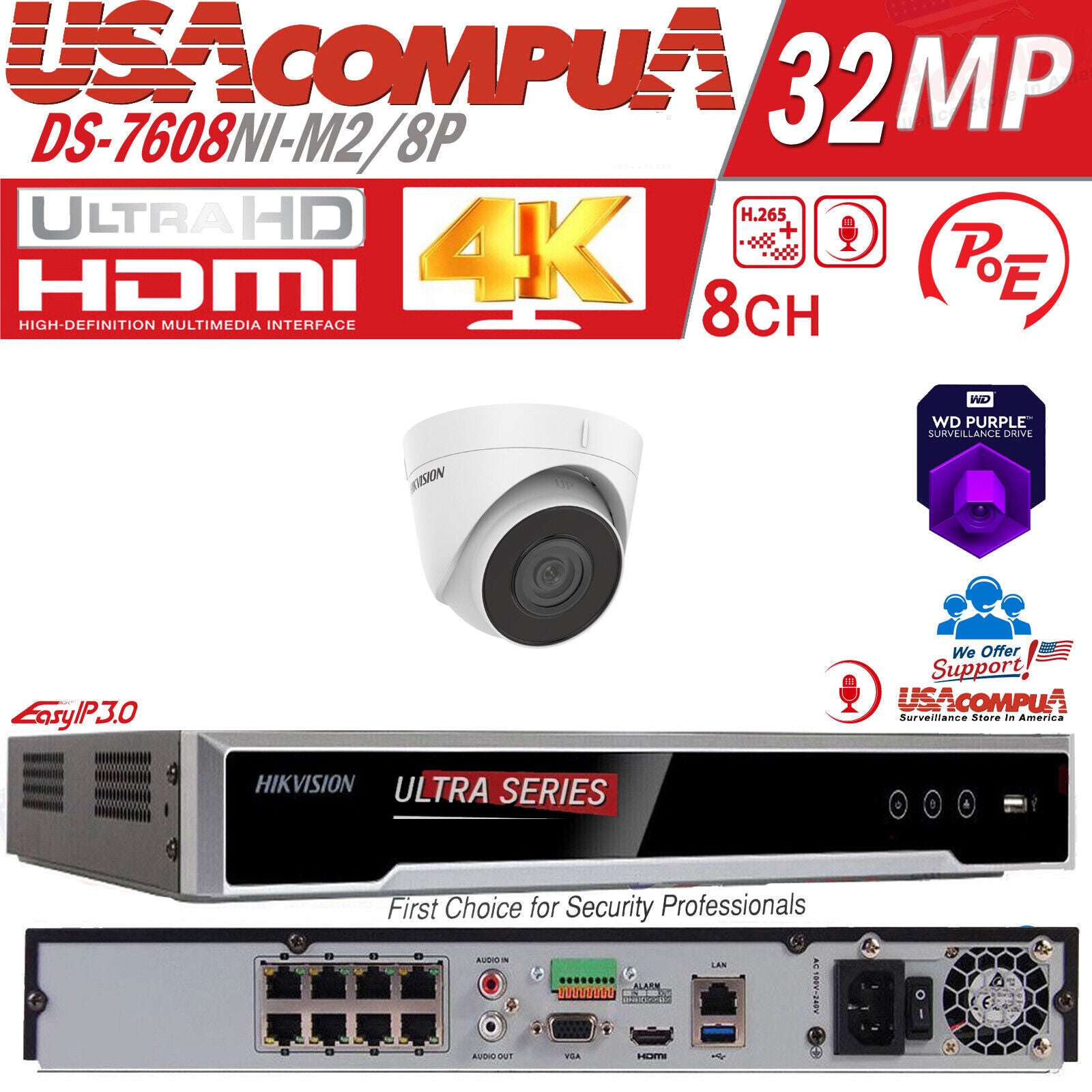 Hikvision 32MP 8CH POE Security Camera System NVR 8K W/Turret Built In Audio