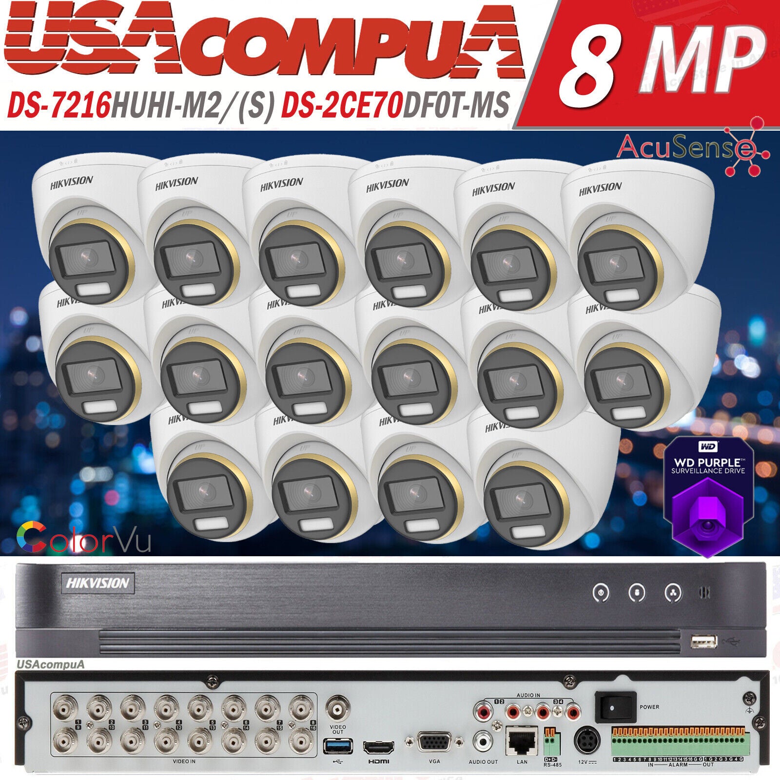 HIKVISION 16CH SECURITY CAMERA SYSTEM COLORVU MINI TURRET 2MP BUILT IN AUDIO