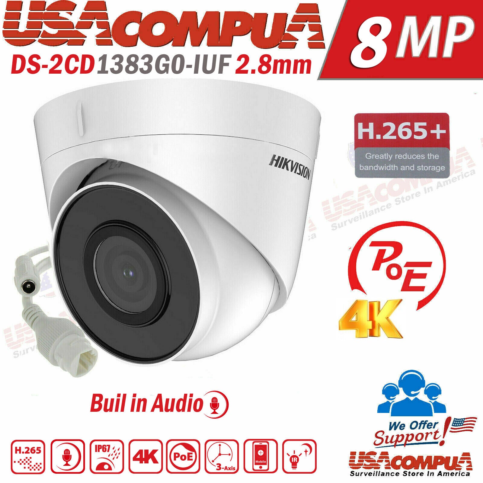 Hikvision 32MP 8CH POE Security Camera System NVR 8K W/Turret Built In Audio