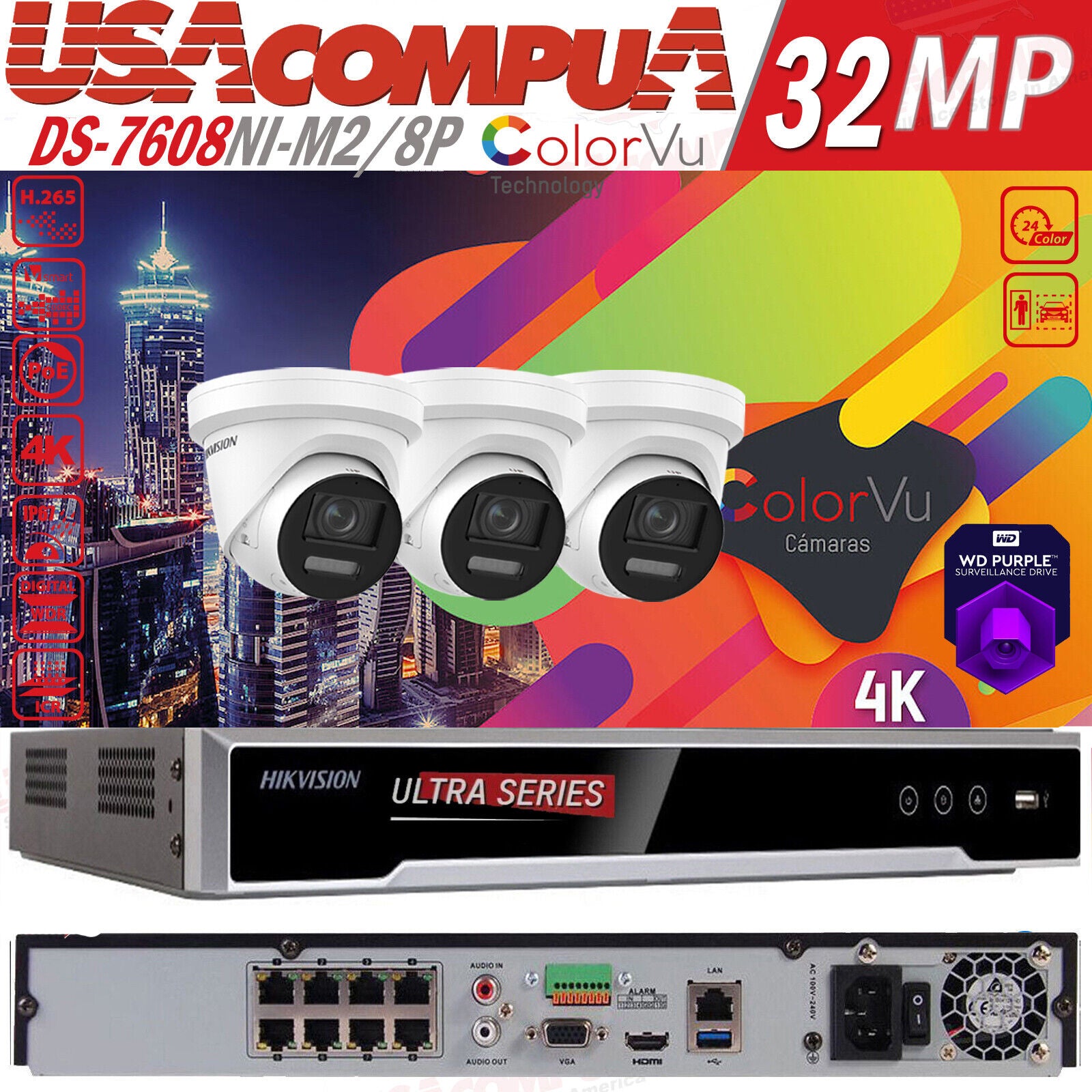 Hikvision 32MP 8CH NVR 8K Security Camera System W/Turret ColorVu Built In Audio