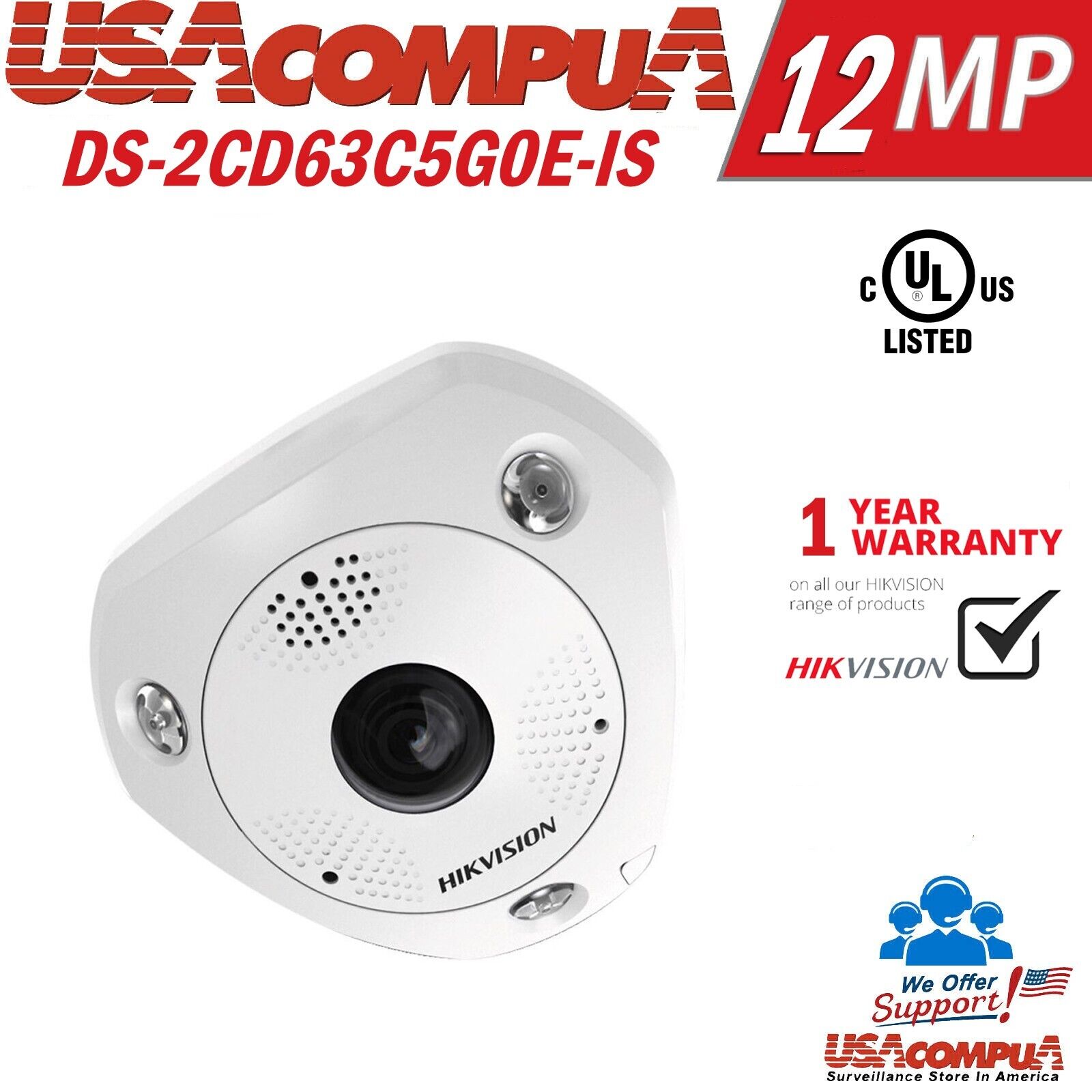Hikvision Fisheye Camera DS-2CD63C5G0-IS 12MP Micro SD PoE 2mm