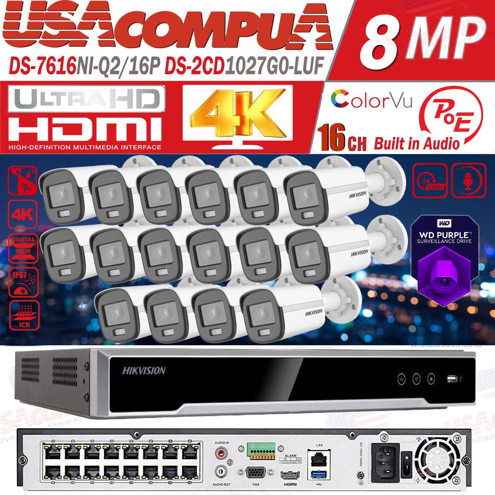 HIKVISION 4K 16CH POE SECURITY SYSTEM COLORVU MINI BULLET 2MP DS-2CD1027G0-LUF