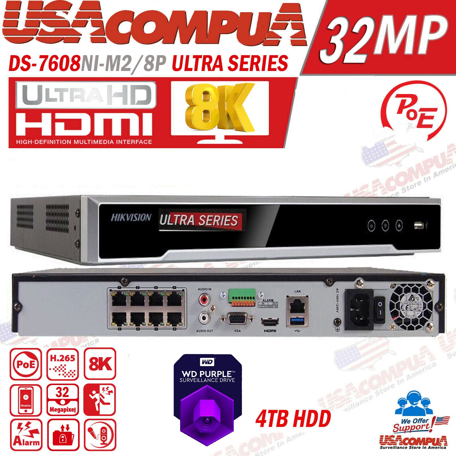 Hikvision 32MP 8CH NVR 8K Security Camera System W/Turret ColorVu Built In Audio