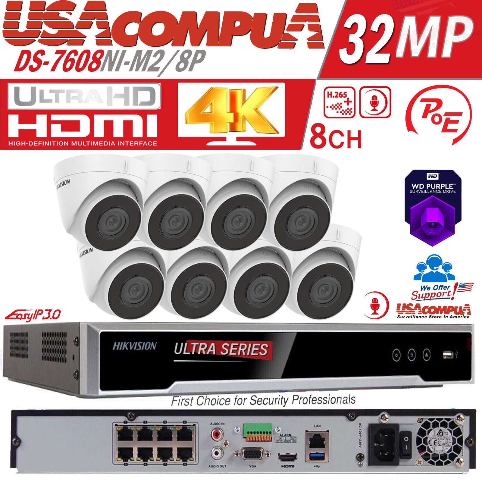 Hikvision 32MP 8CH POE Security Camera System NVR 8K W/Turret Built In Audio