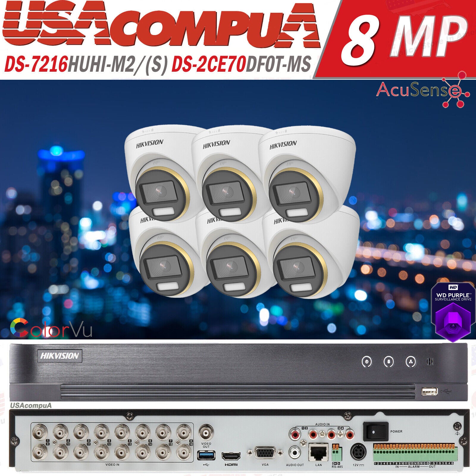 HIKVISION 16CH SECURITY CAMERA SYSTEM COLORVU MINI TURRET 2MP BUILT IN AUDIO