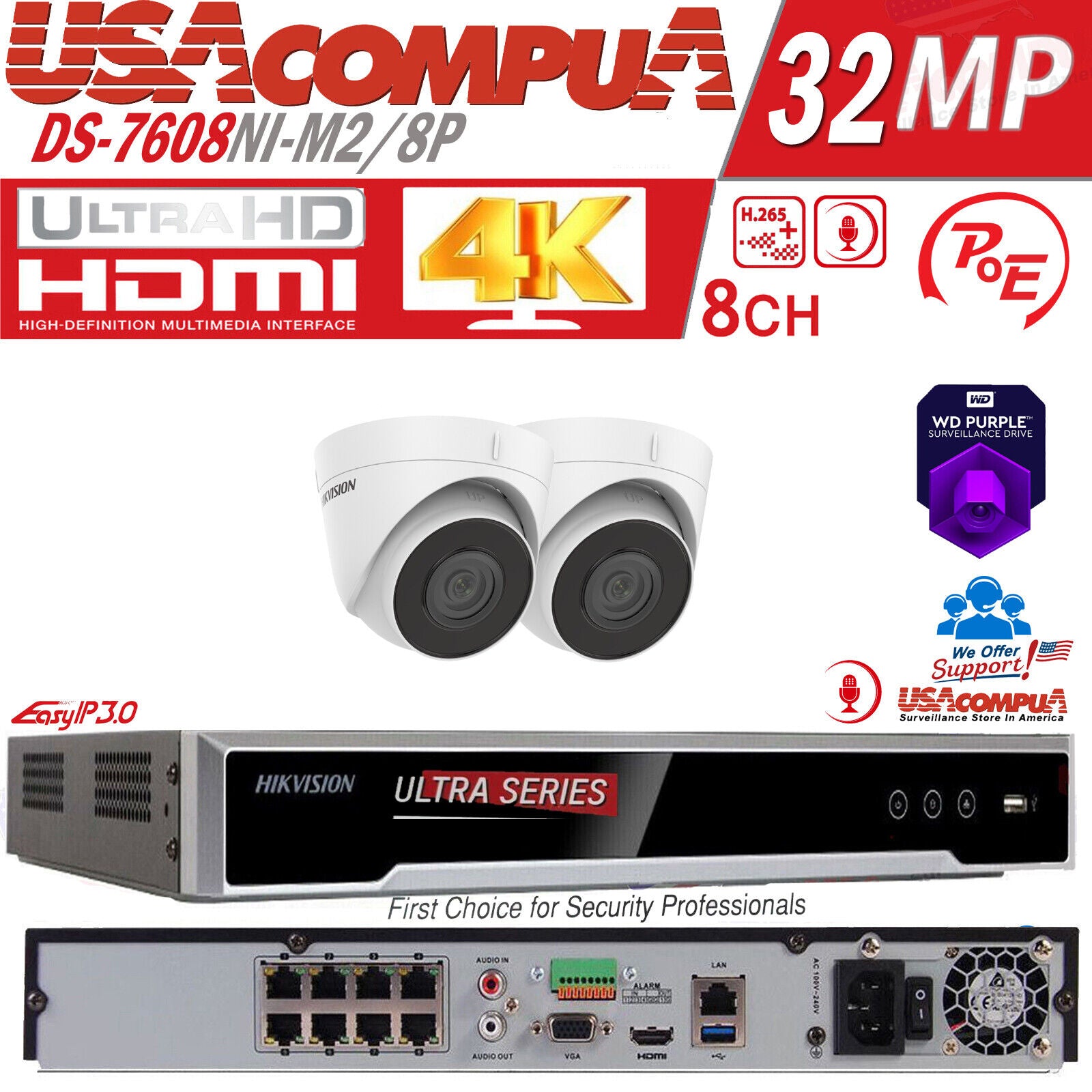 Hikvision 32MP 8CH POE Security Camera System NVR 8K W/Turret Built In Audio