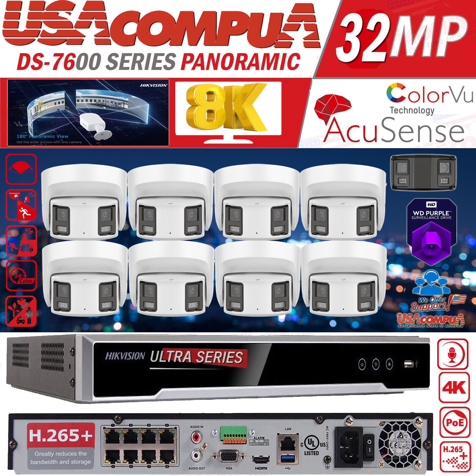 Hikvision 8CH 8K security Camera System ColorVu IP panoramic Two Way Audio Alarm