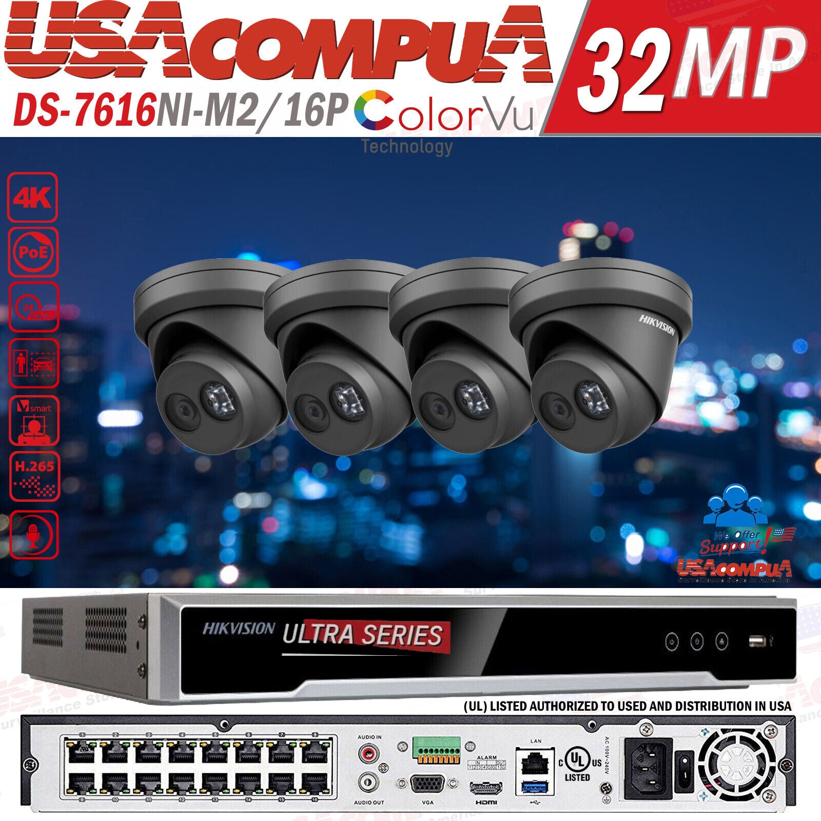 Hikvision 8K 16CH CCTV 32MP Security IP Camera System DS-2CD2383G2-IU 8MP BLACK