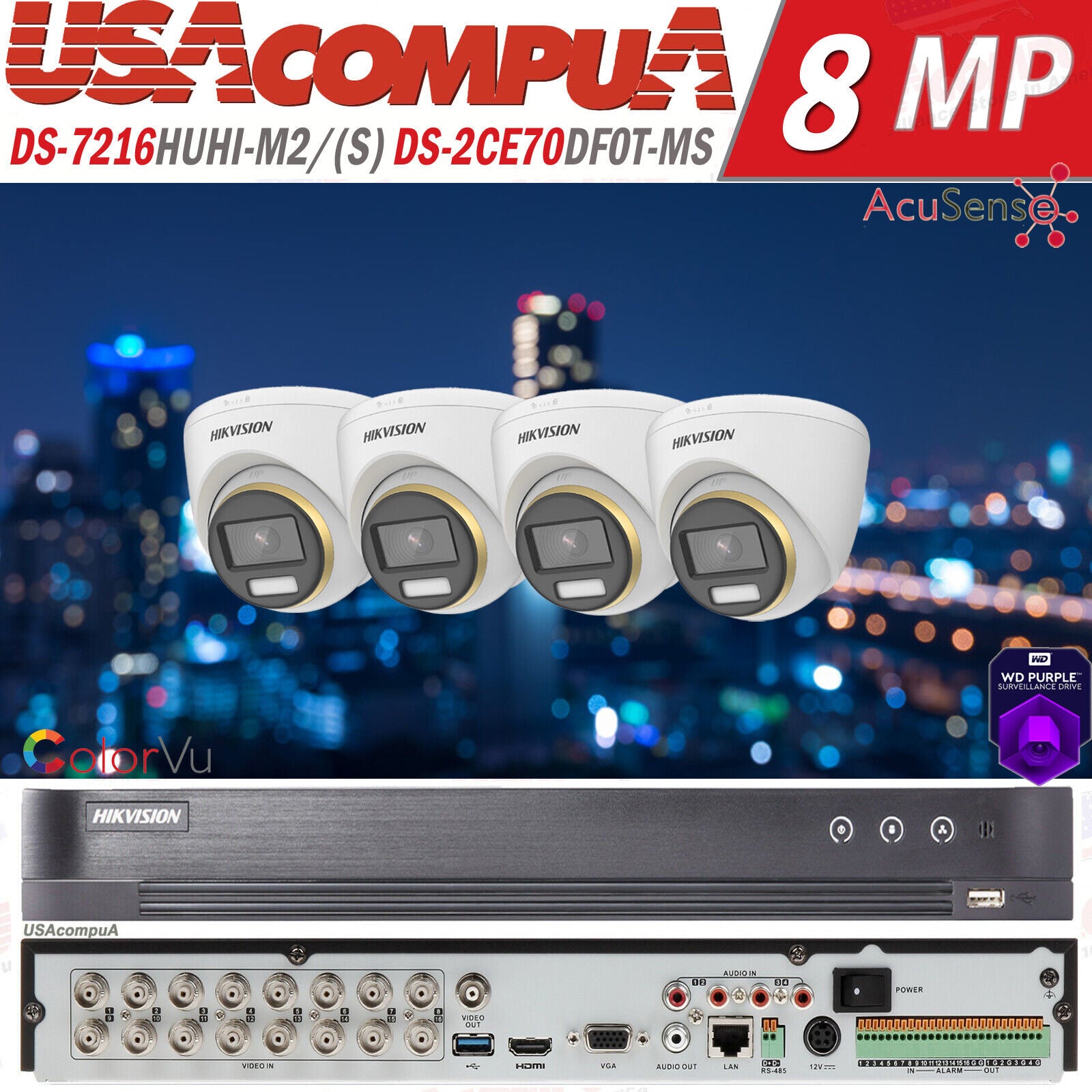 HIKVISION 16CH SECURITY CAMERA SYSTEM COLORVU MINI TURRET 2MP BUILT IN AUDIO