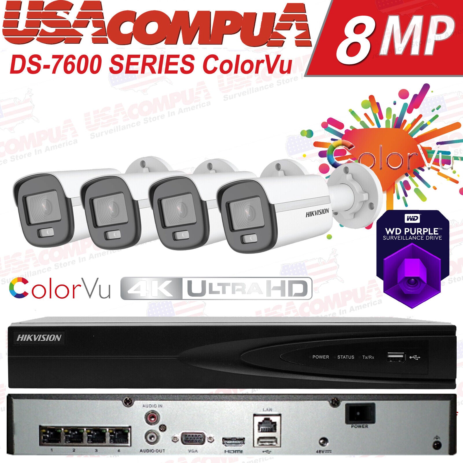 HIKVISION 4K 4CH POE DS-2CD1027G0-L W/NVR 2MP COLORVU Security CCTV System 2.8mm