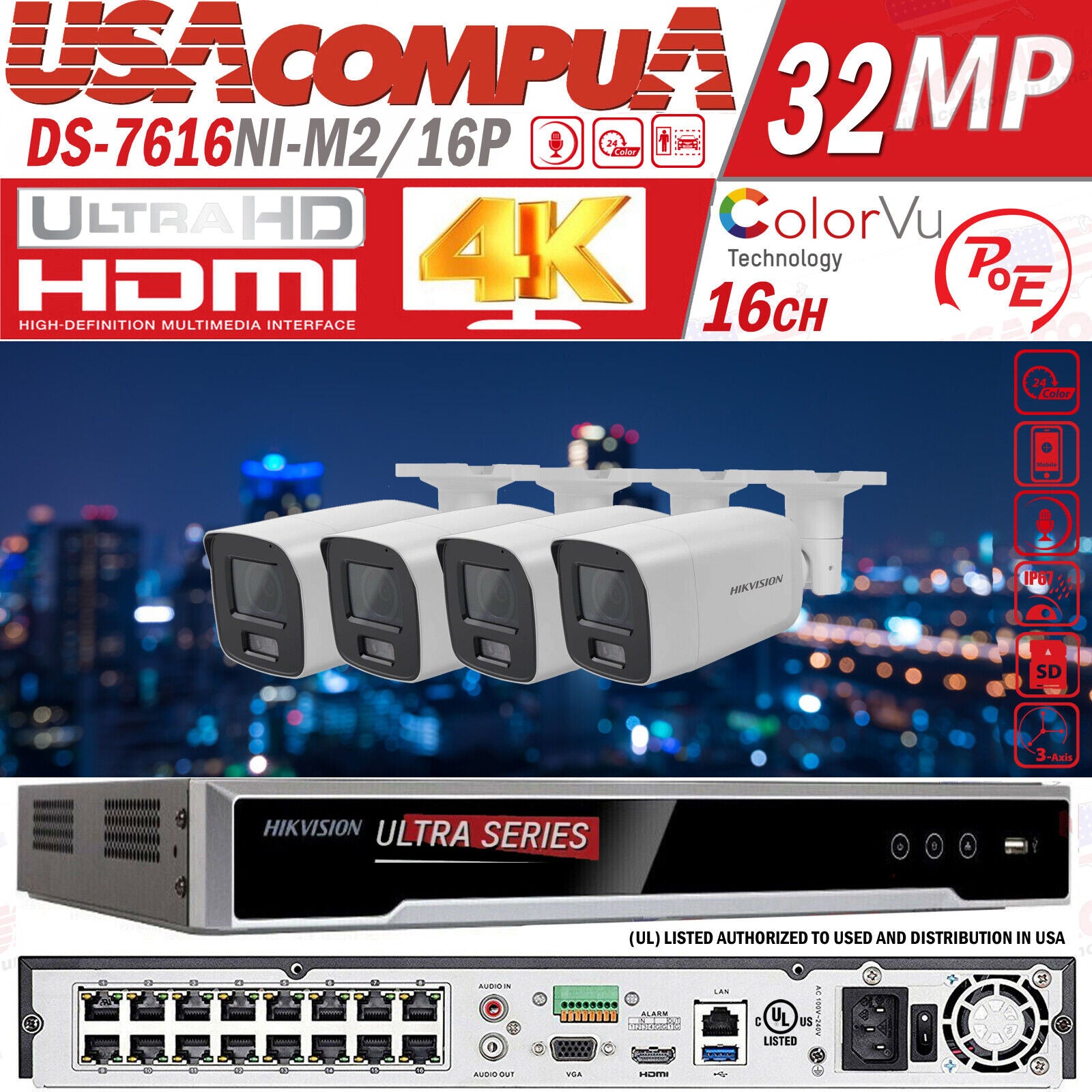 Hikvision 4k Acusense 32MP NVR 16CH CCTV Camera System DS-2CD2047G2-LU 4MP Lot