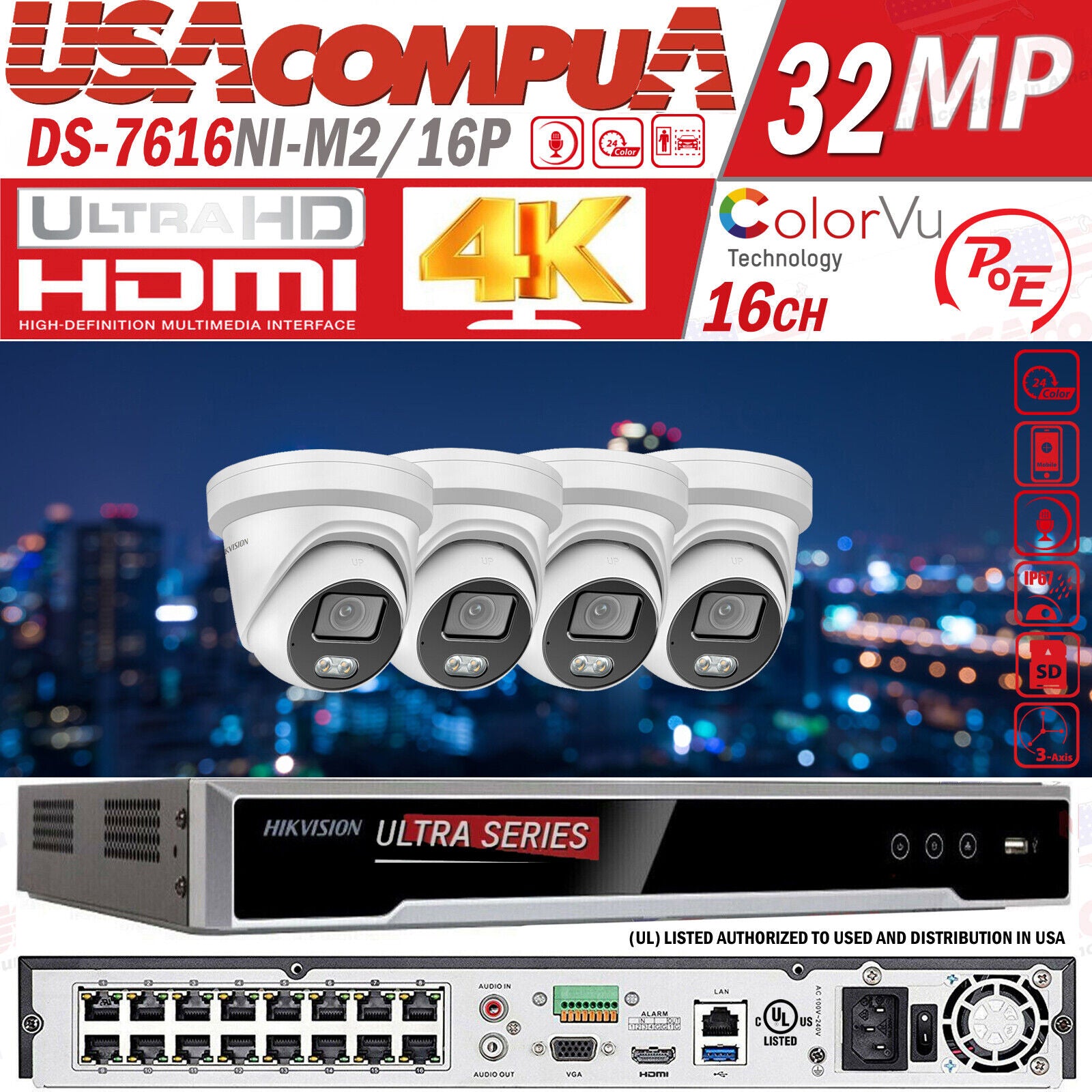 Hikvision 8K 32MP NVR 16CH CCTV Camera System DS-2CD2347G2-LU 4MP Lot