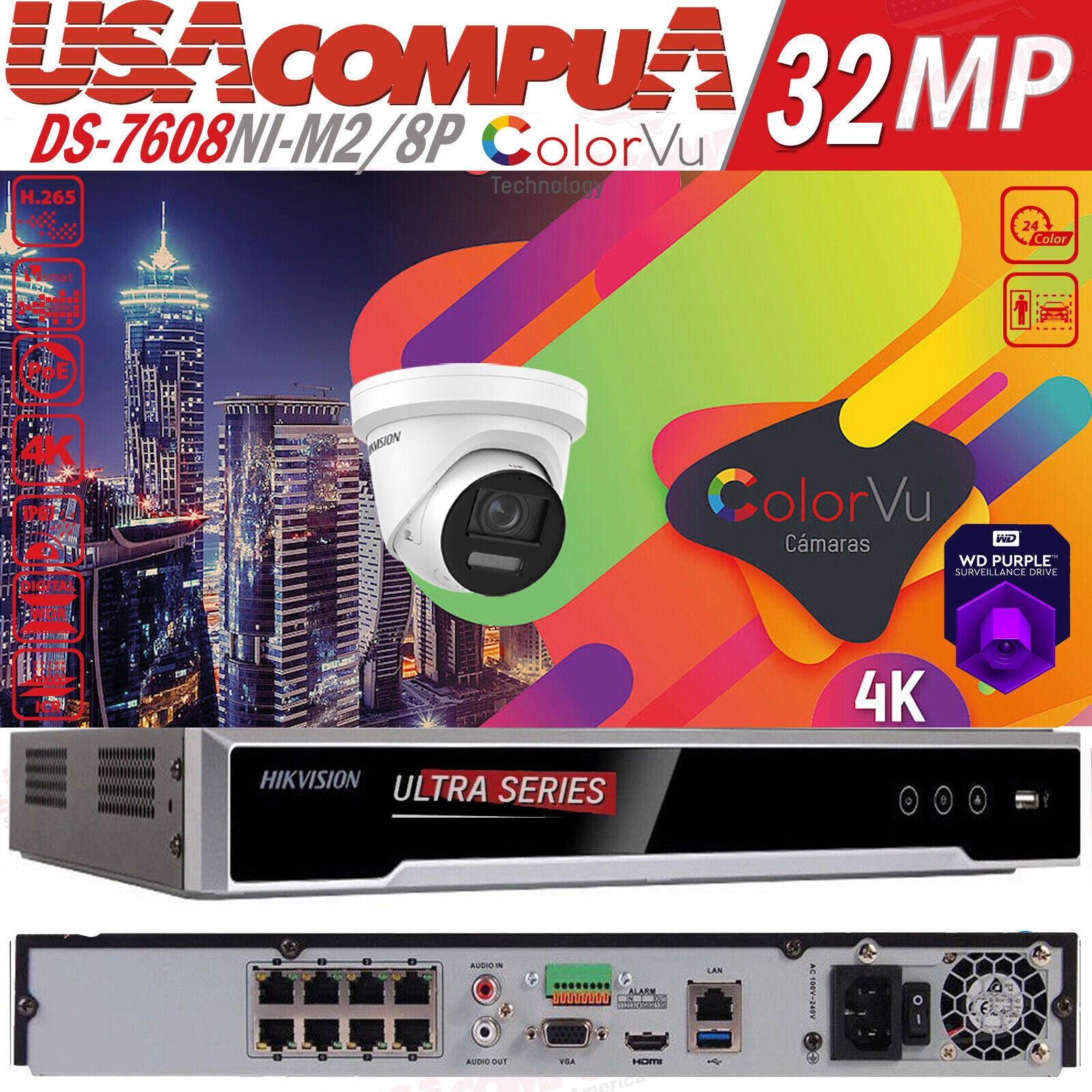 Hikvision 32MP 8CH NVR 8K Security Camera System W/Turret ColorVu Built In Audio