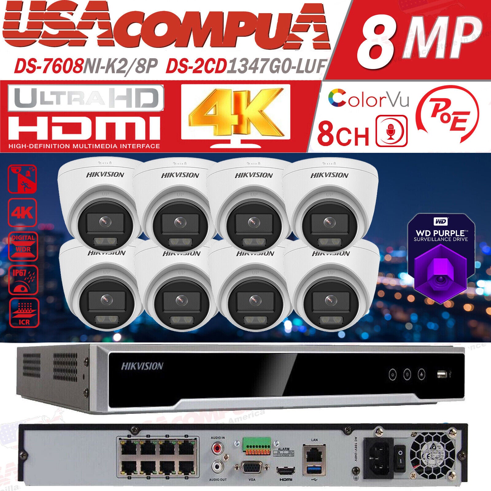Hikvision 4K 8CH 4MP Security CCTV Camera System PoE IP ColorVu W/Audio