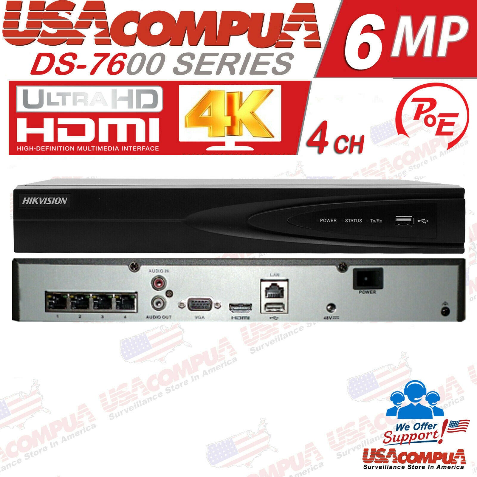 DS-7604NI-Q1/4P Hikvision 4CH NVR 6MP W/4CH POE H.264 HD HDMI H-264