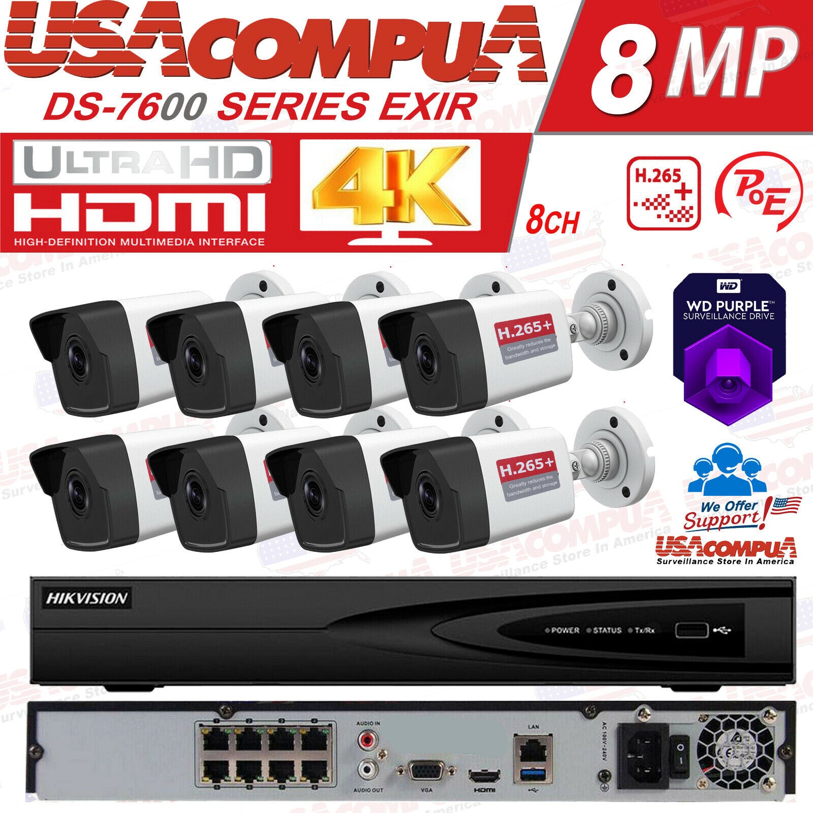 Hikvision 4K Security Camera System 8 CH POE NVR / 1080P WDR Bullet CCTV Lot