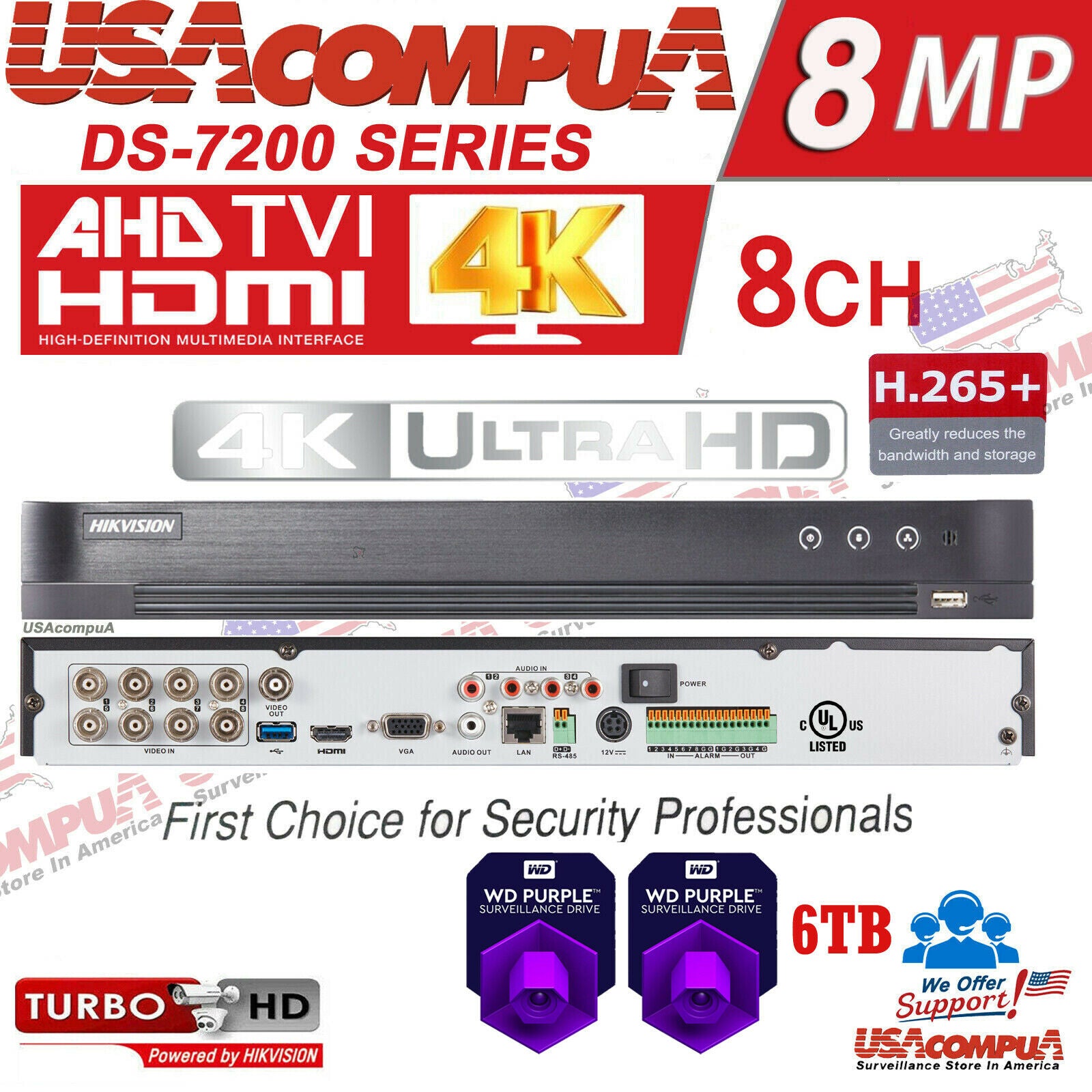 DS-7208HUHI-K2 HIKVISION 8 CHANNEL 8CH DVR 8MP HDD WD PURPLE 4KH.265 MEGAPIXEL