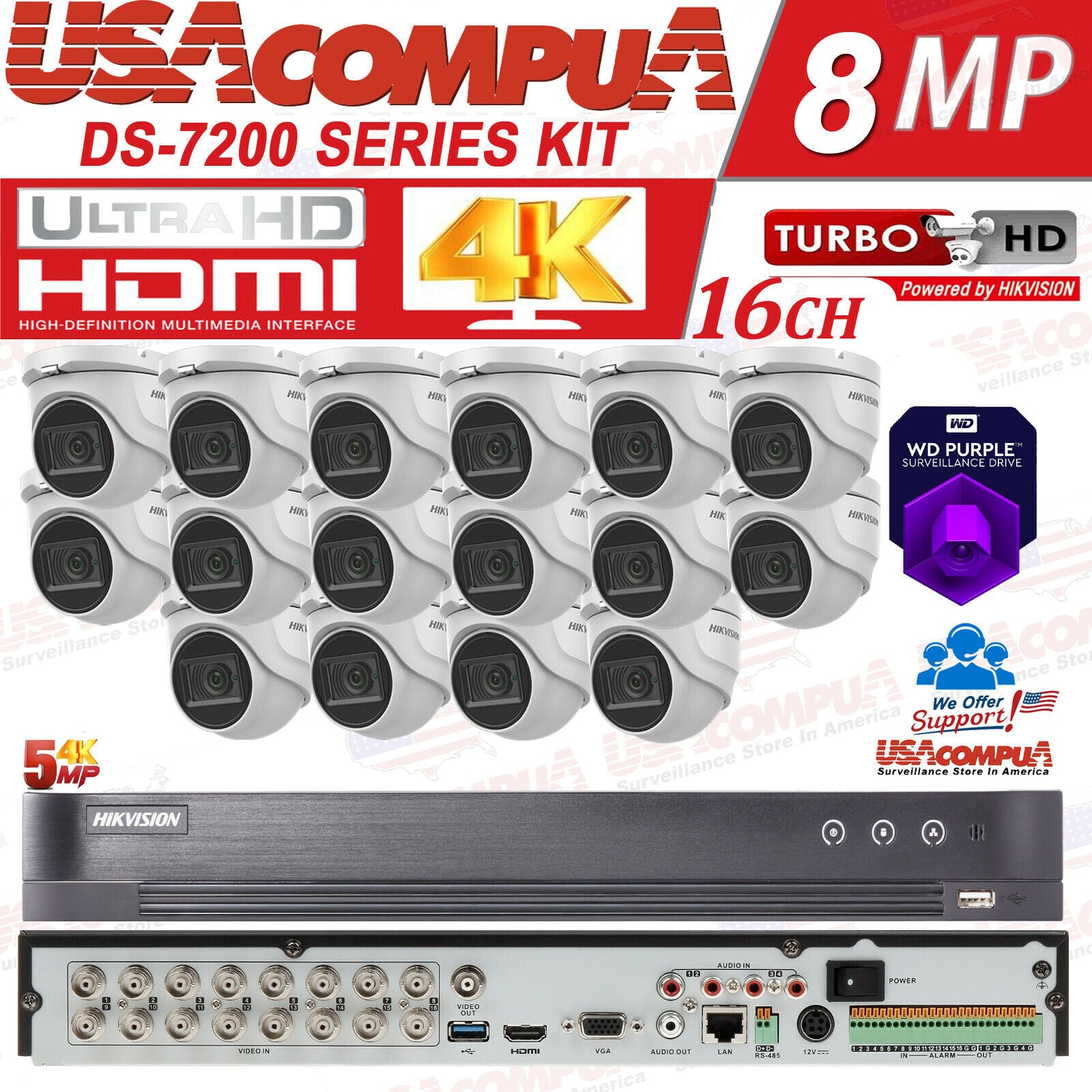 HIKVISION 4K 16CH CCTV KIT SECURITY CAMERA SYSTEM MINI DOME TURBO HD W/AUDIO