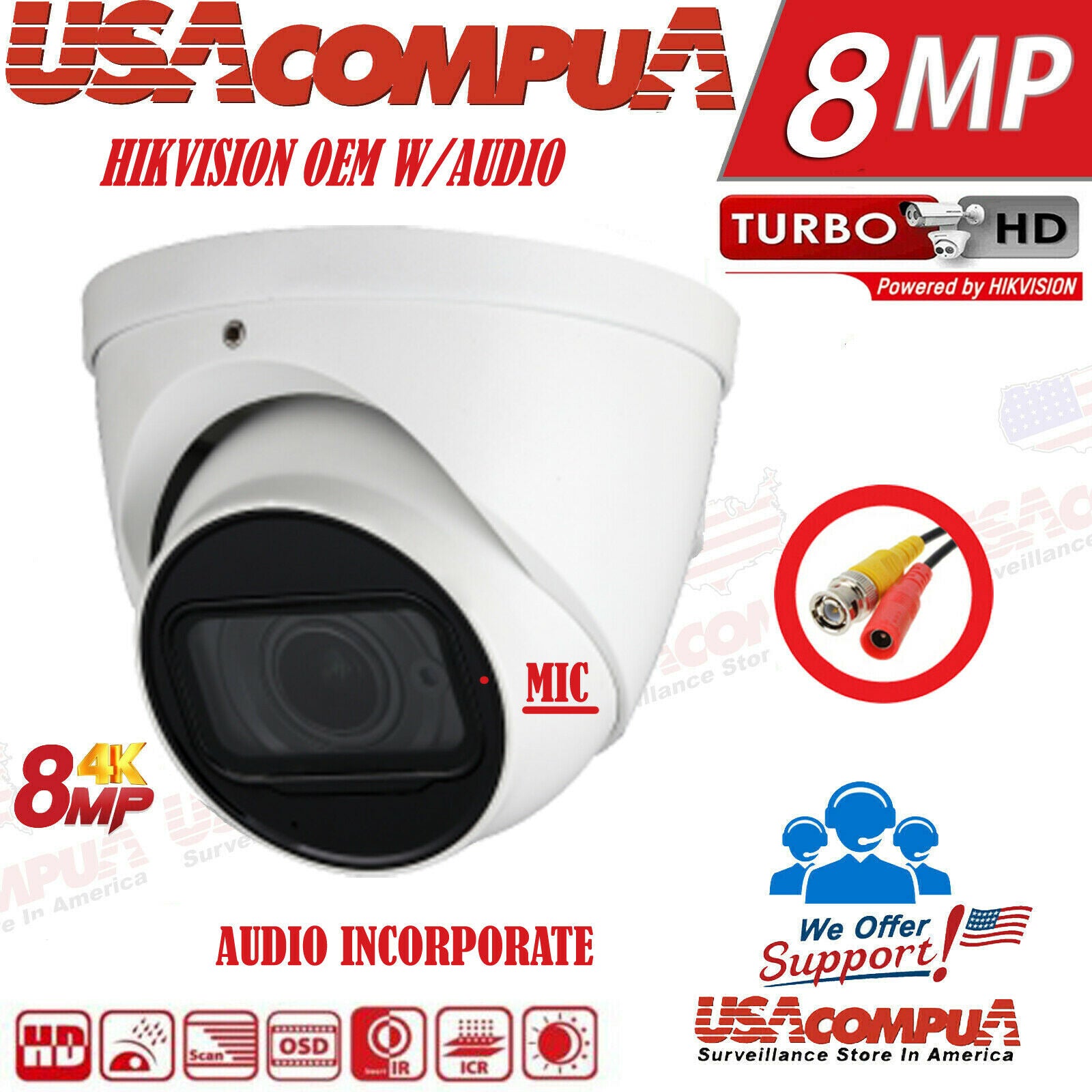 HIKVISION 8MP 4K W/ AUDIO CAMERA NO LOGO TURBO-HD TVI CCTV TURRET 2.8mm