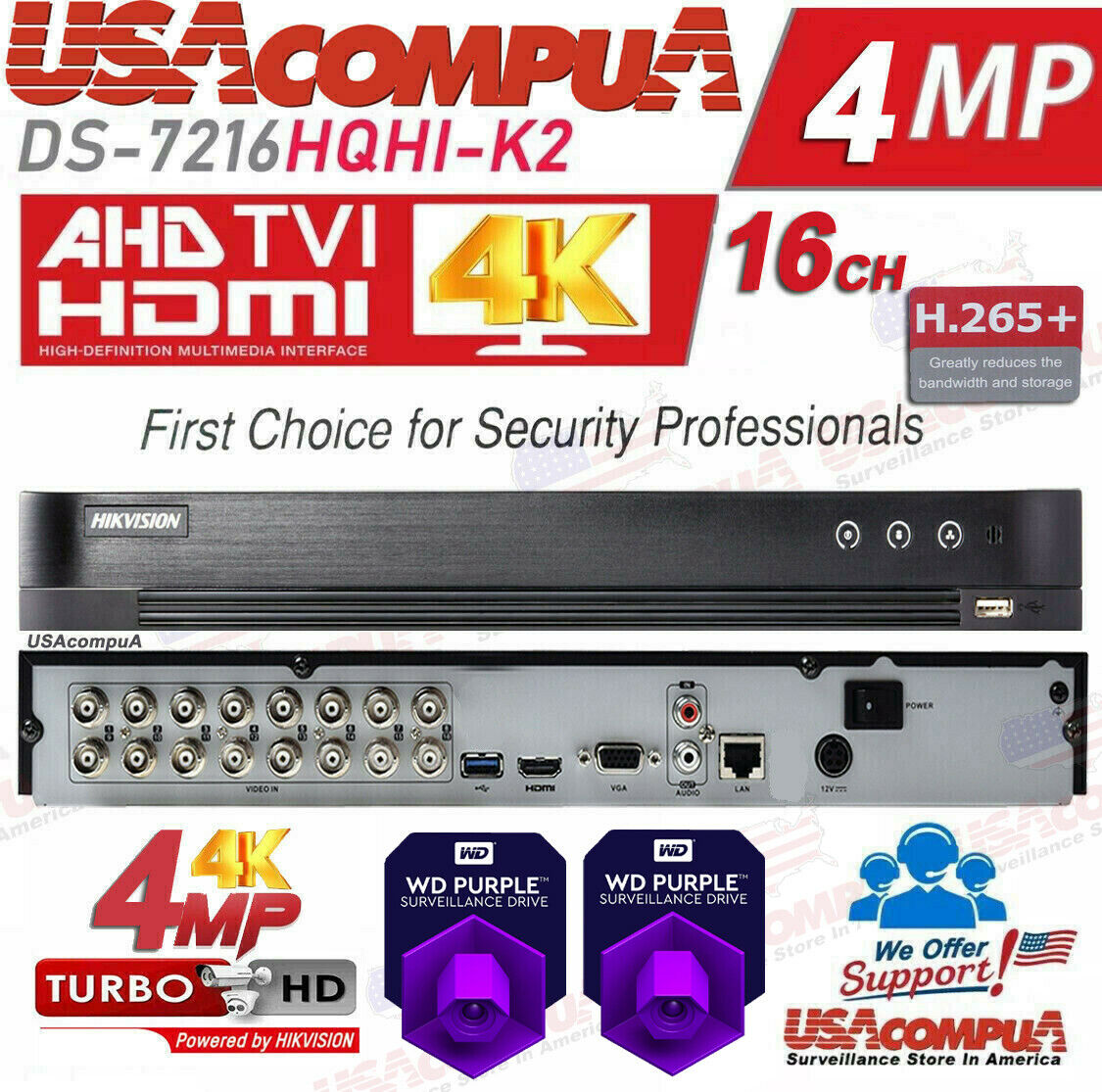 DS-7216HQHI-K2 Hikvision 16CH DVR 16 CHANNEL + 4 IP 4MP 4K-OUT HDD OPTIONAL