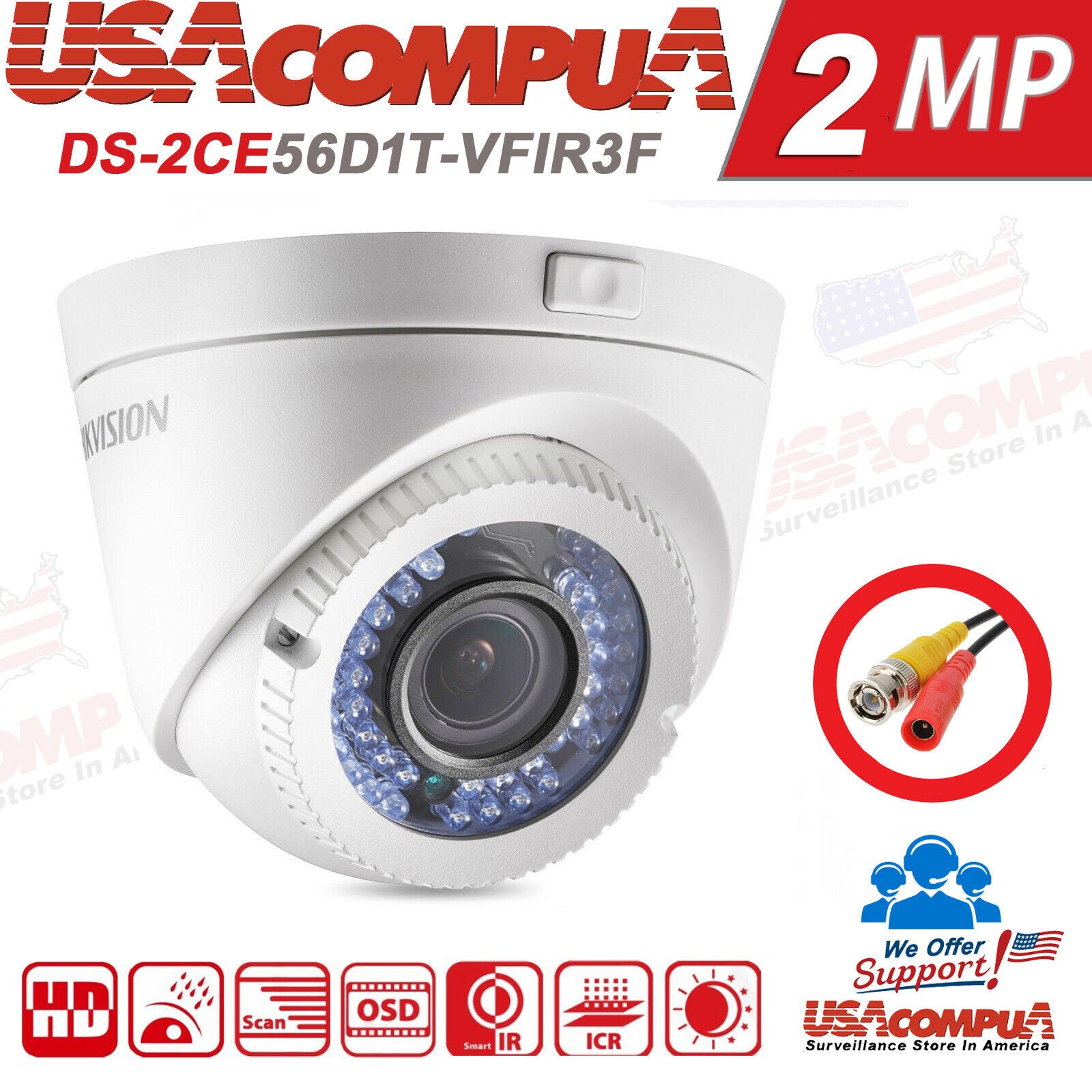DS-2CE56D0T-VFIR3F Hikvision 2MP Varifocal DNR Dome Camera 2.8-12mm Original