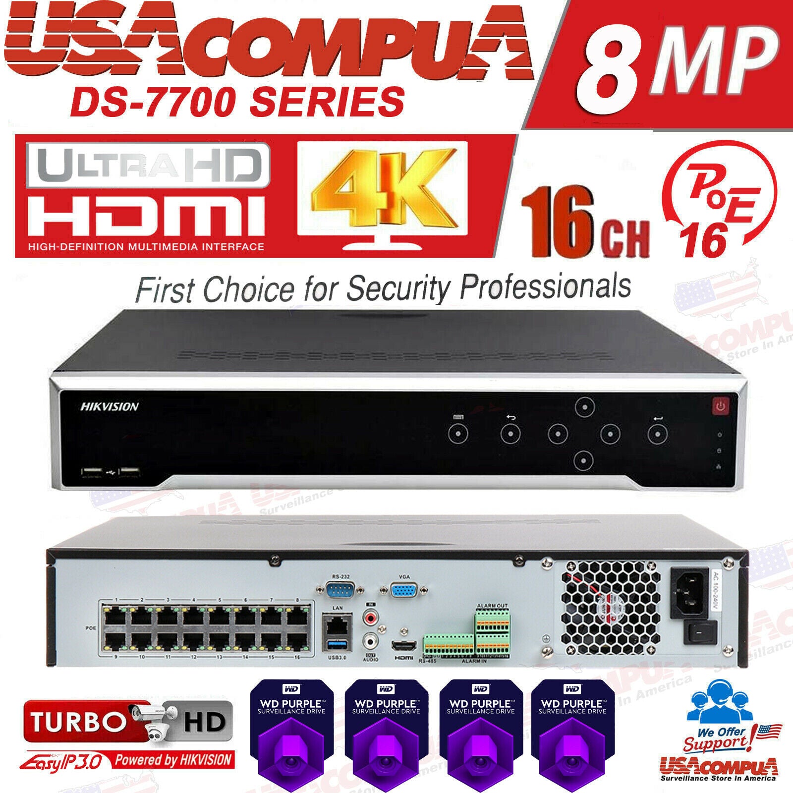 HIKVISION NVR 16 CHANNEL 16CH POE 4K DS-7716NI-Q4/16P 8MP H265+ NETWORK RECORDER