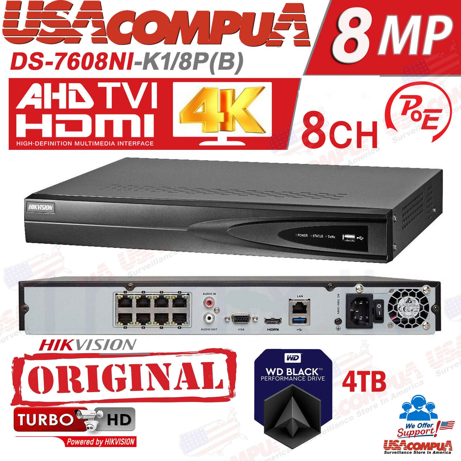 DS-7608NI-K1/8P Hikvision 8CH NVR PoE 8MP 4K H.265+ (OPTIONHAL HARD DISK)
