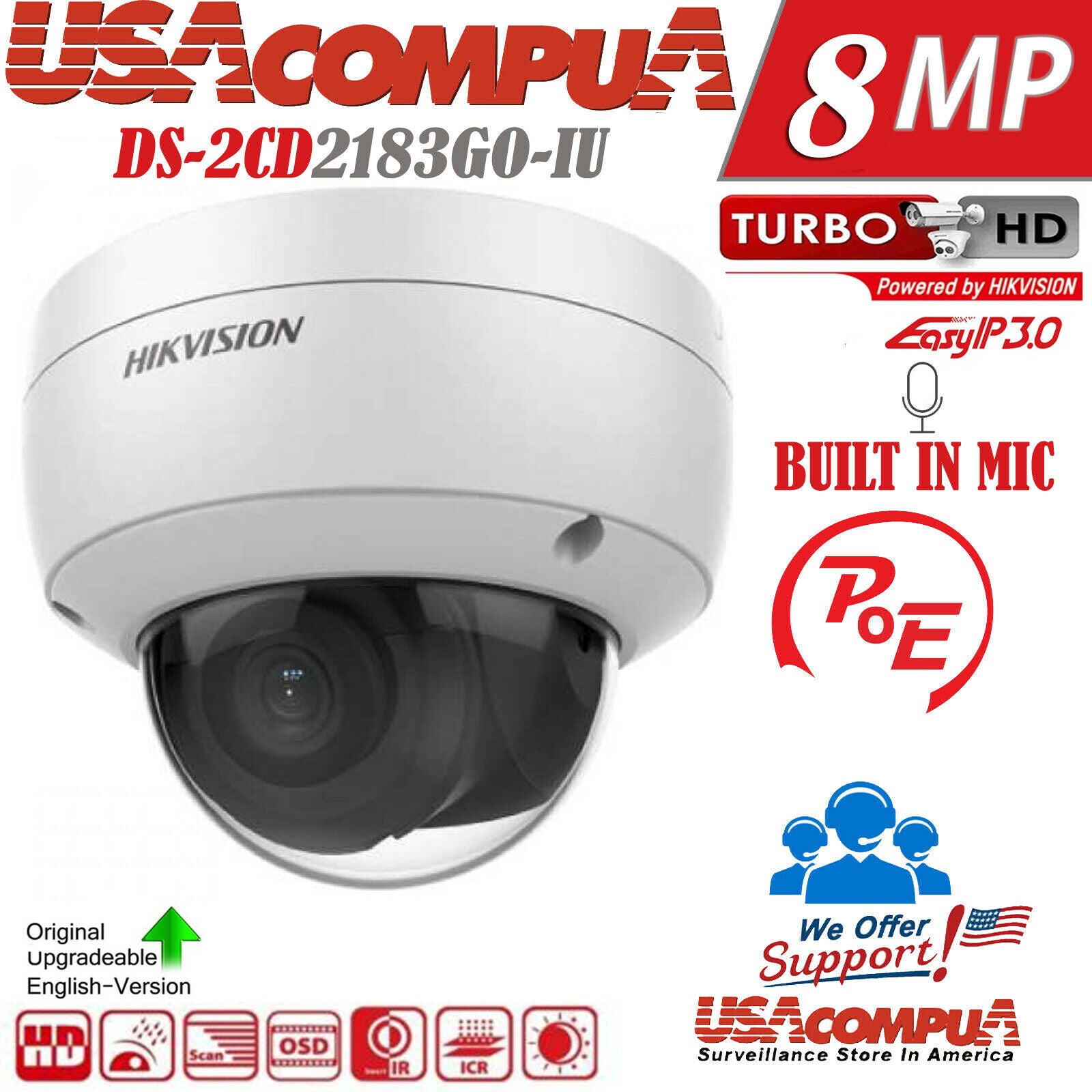 HIKVISION 8MP POE DS-2CD2183G0-IU Vandal/P h.265 - ENGLISH (2.8mm) Built-In-Mic