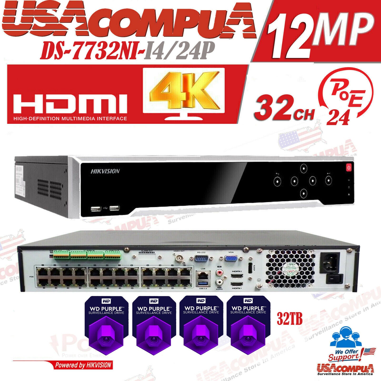Hikvision NVR 32CH 24 PoE 12MP DS-7732NI-I4/24p 4SATA (UP TO 32TB HDD ) H.265+