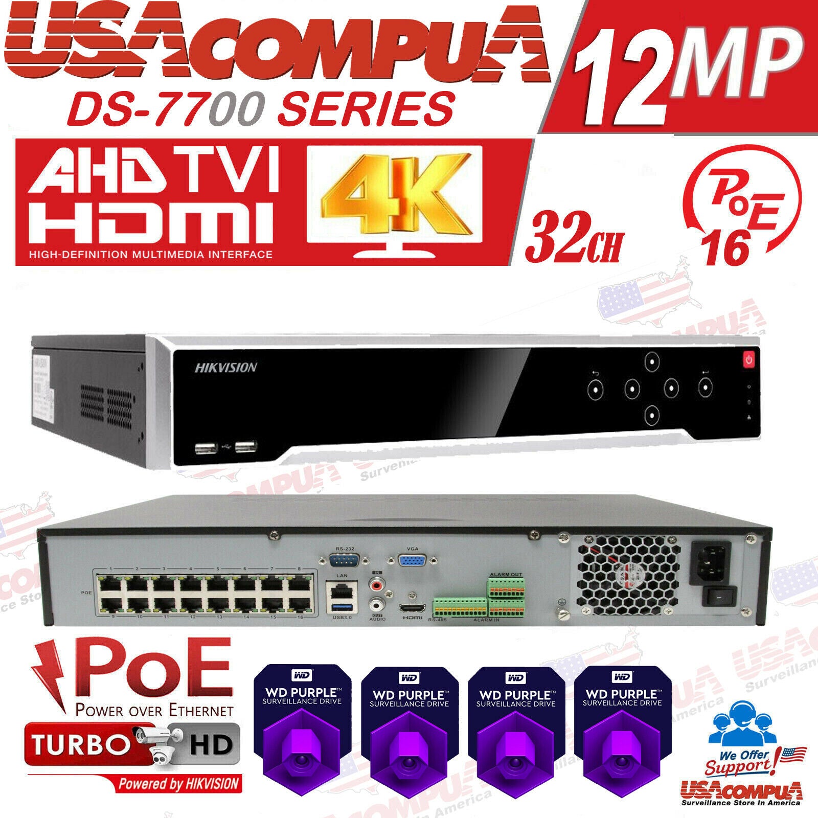 HIKVISION NVR 32 CH CHANNEL 4K 12MP W/16CH POE DS-7732NI-I4/16P HDD OPTIONAL