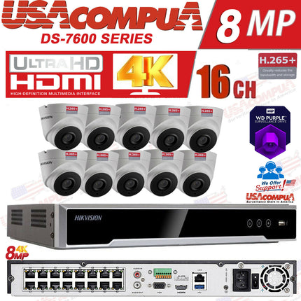 Hikvision KIT 16CH NVR 16 POE /4TB HDD /10 Cameras 4MP IP Security System H.265+