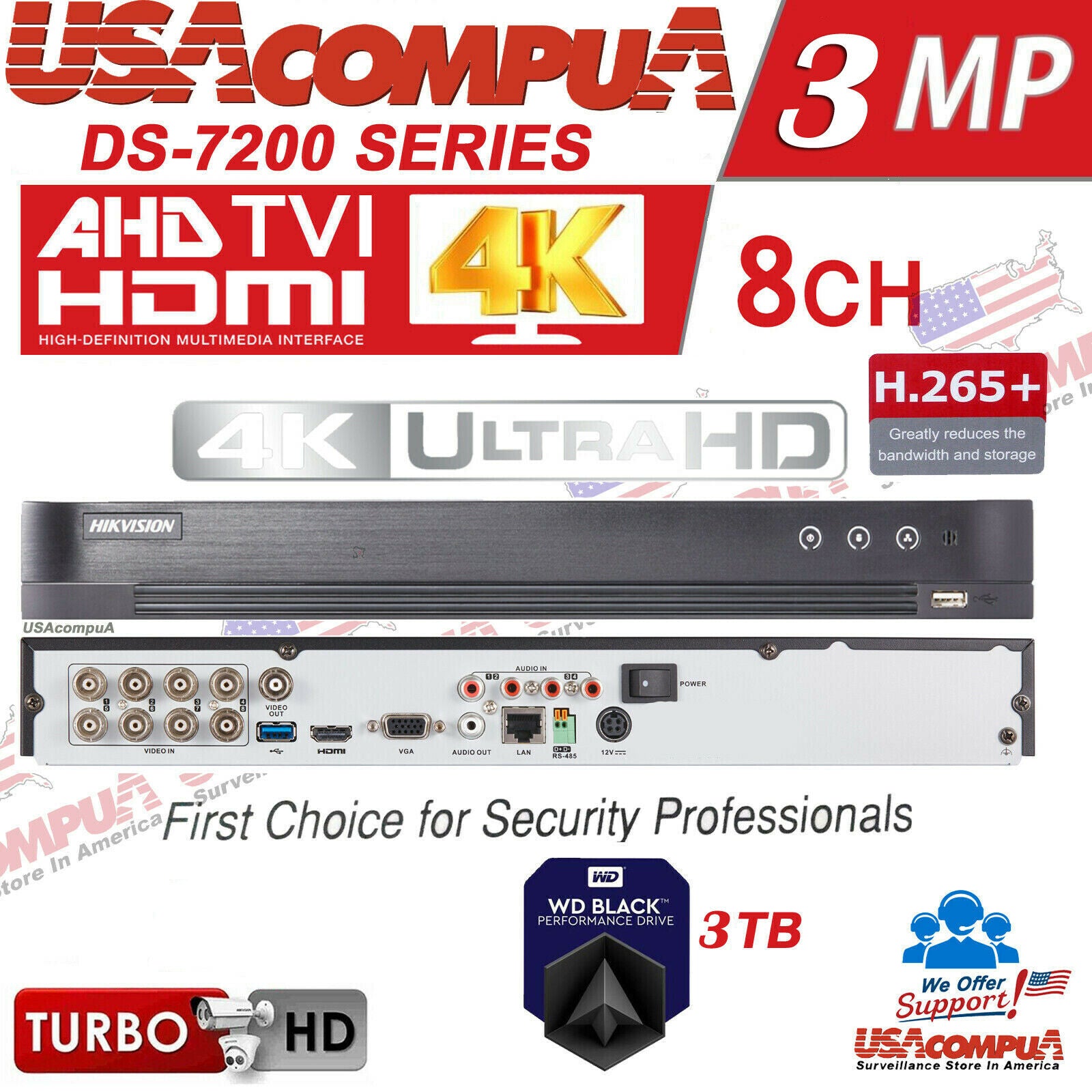 DS-7208HQHI-K2 DVR 8CH Hikvision Turbo HD 4K interface Hard disk optional