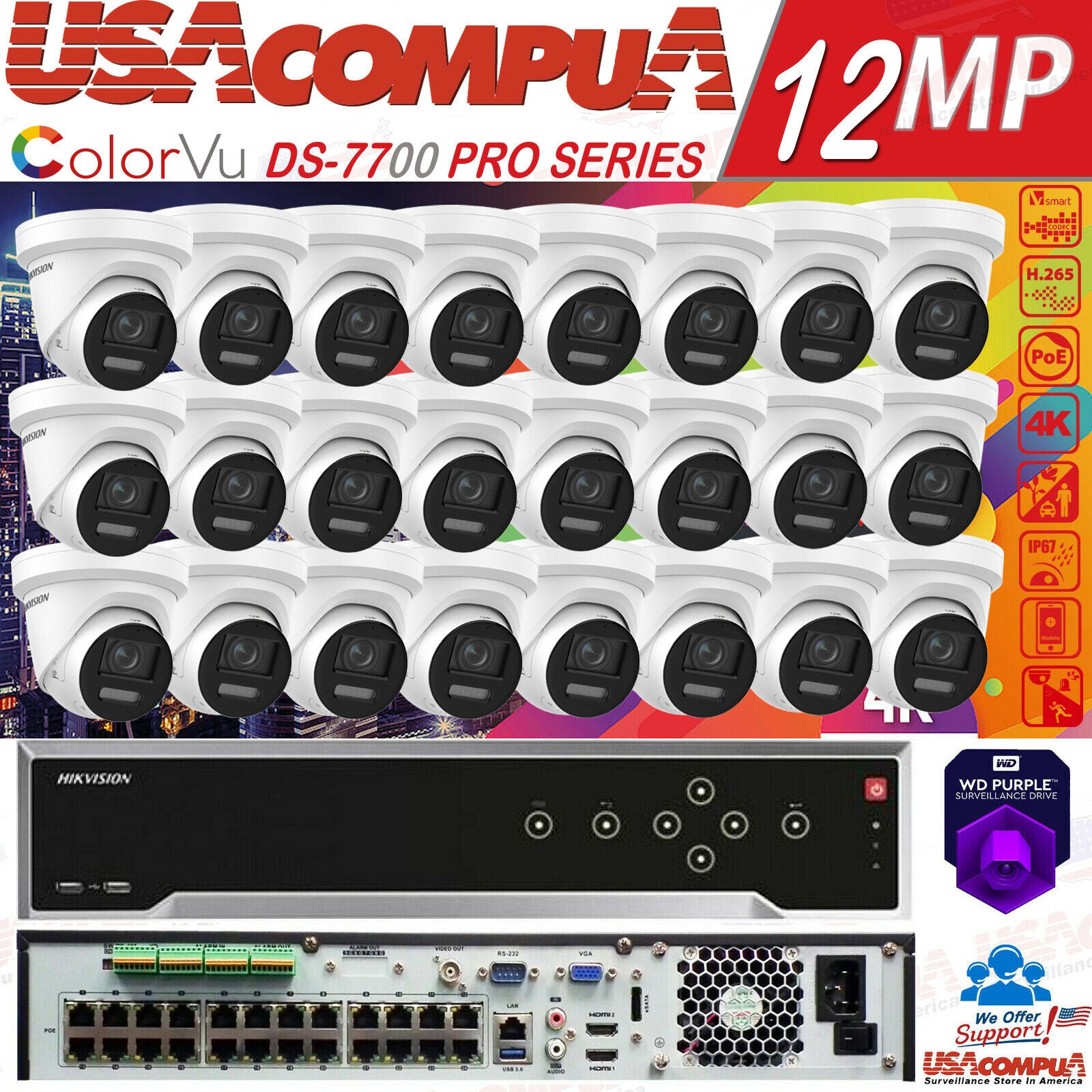 HIKVISION 32CH SECURITY CAMERA SYSTEM 12MP 24 POE TURRET COLORVU 4K 8MP W/HDD